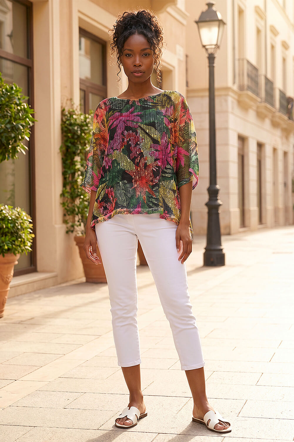 Pink Floral Print Mesh Overlay Top, Image 3 of 4