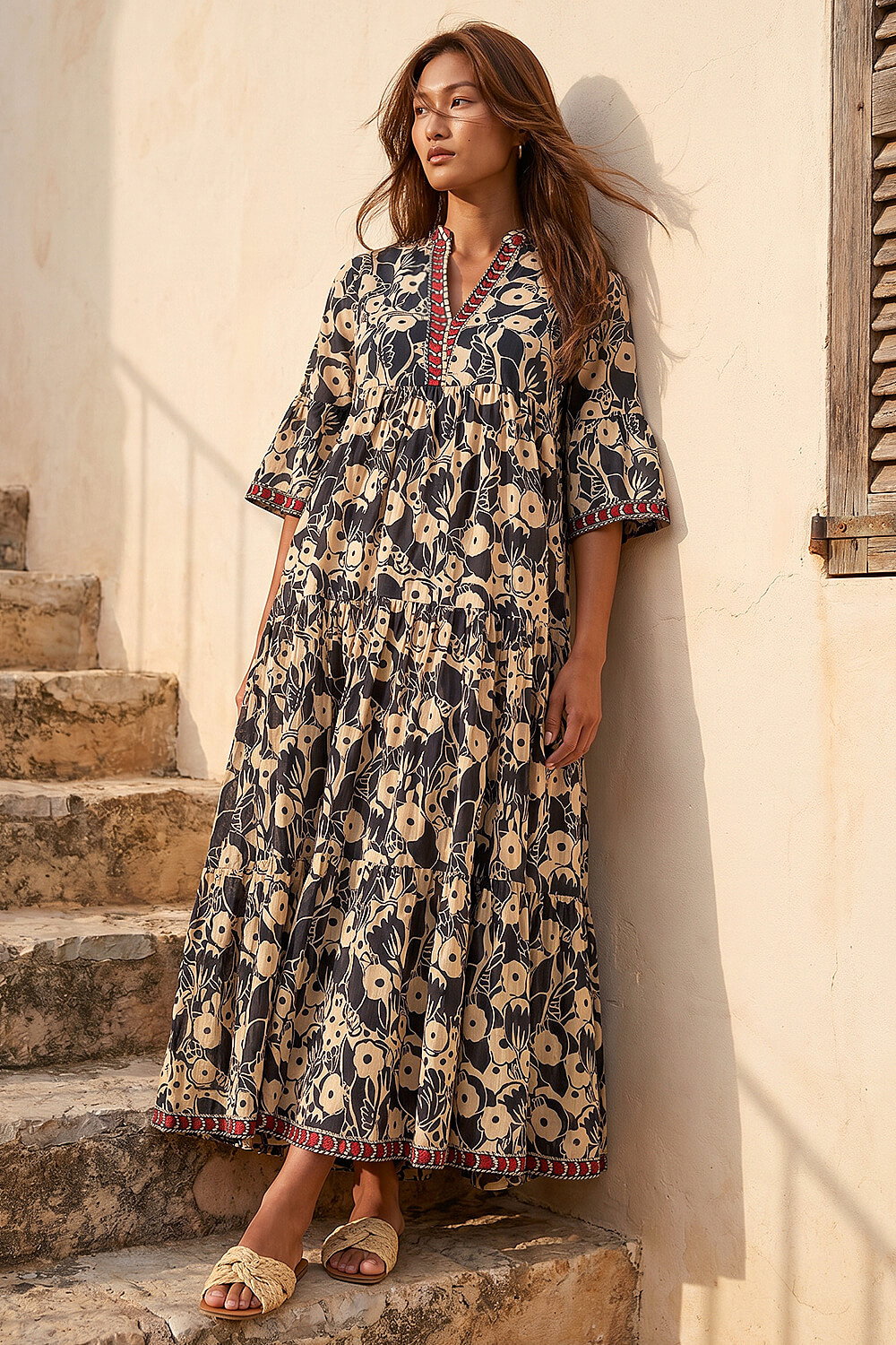 Brown Floral Print Border Maxi Dress, Image 1 of 4