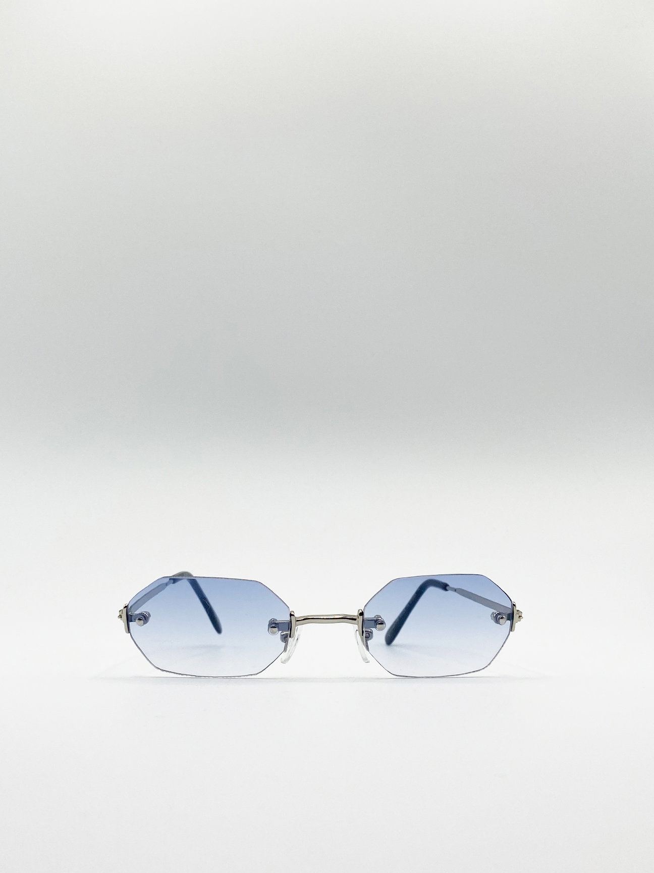 Blue Rimless Oval Hexagon Sunglasses, Image 2 of 4