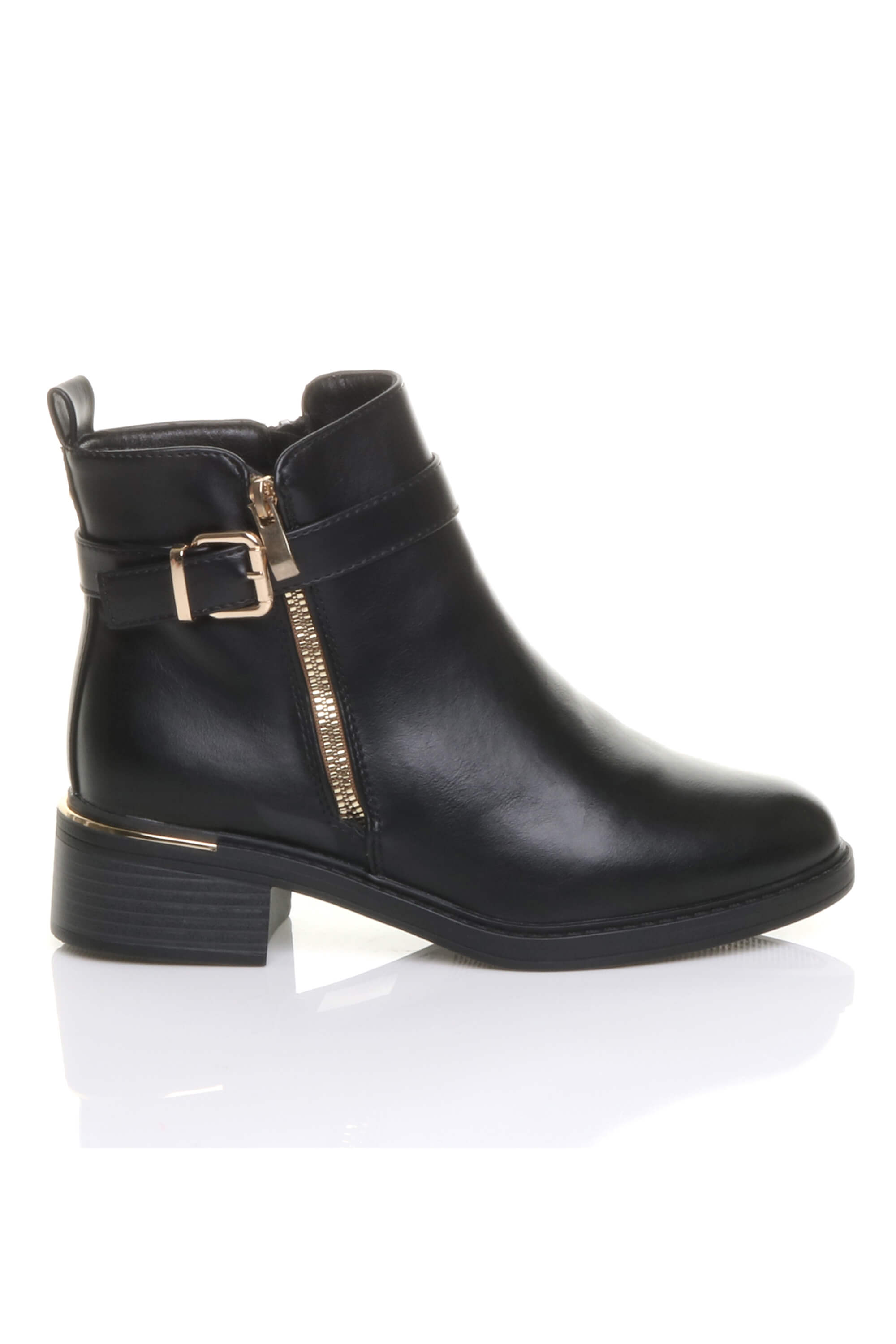 Black AJVANI Black Gold Zip Chunky Sole Buckle Ankle Boots, Image 1 of 5