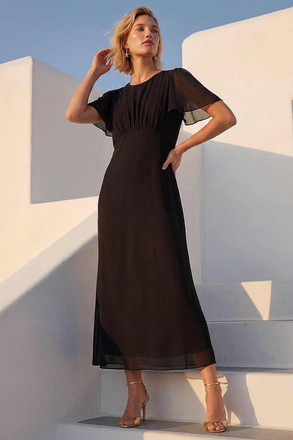 Black Flutter Sleeve Midi Dress, Image 1 of 4