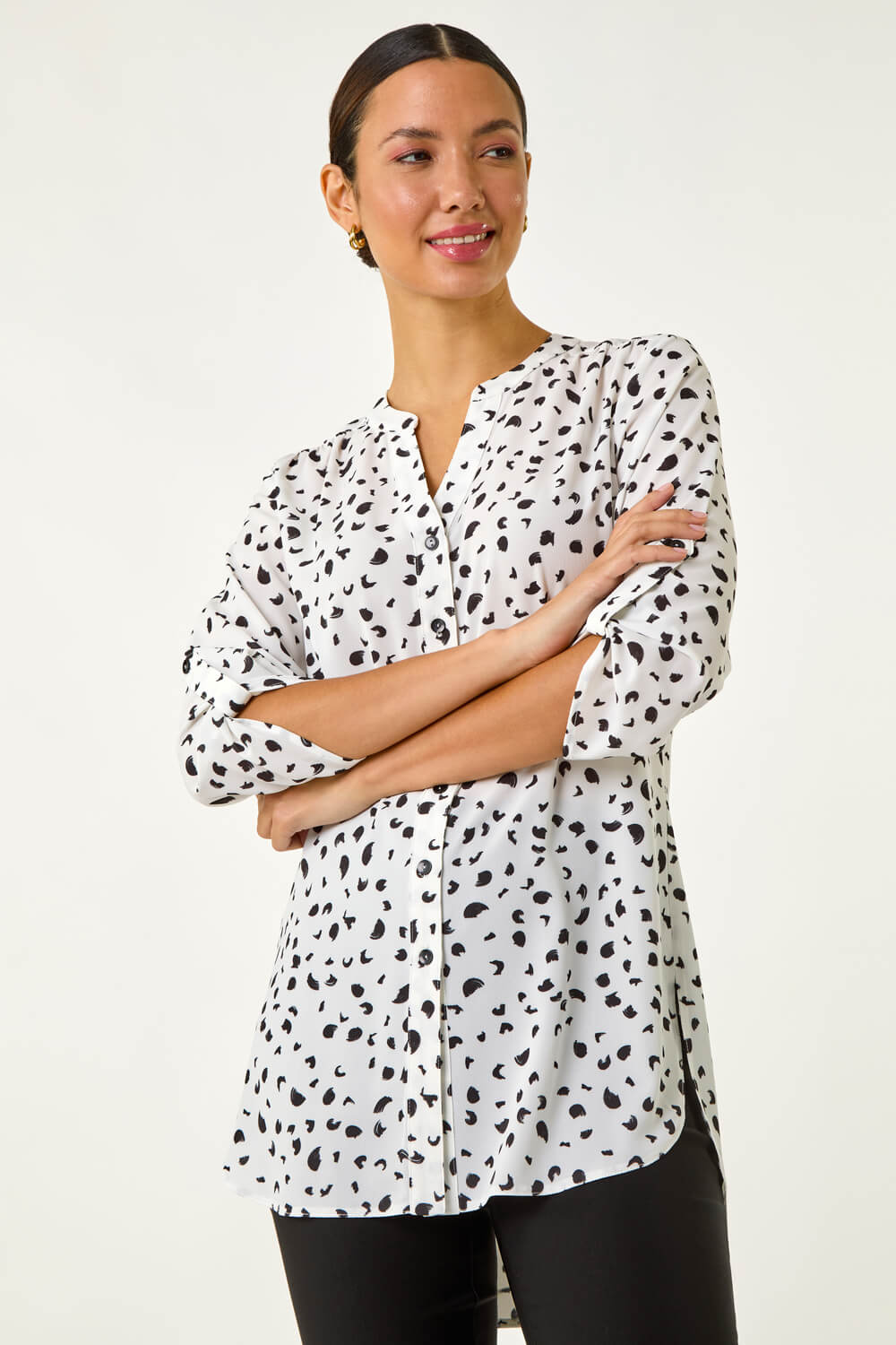 Roman Women's Ivory Spot Print V-Neck Button Blouse - Size 14