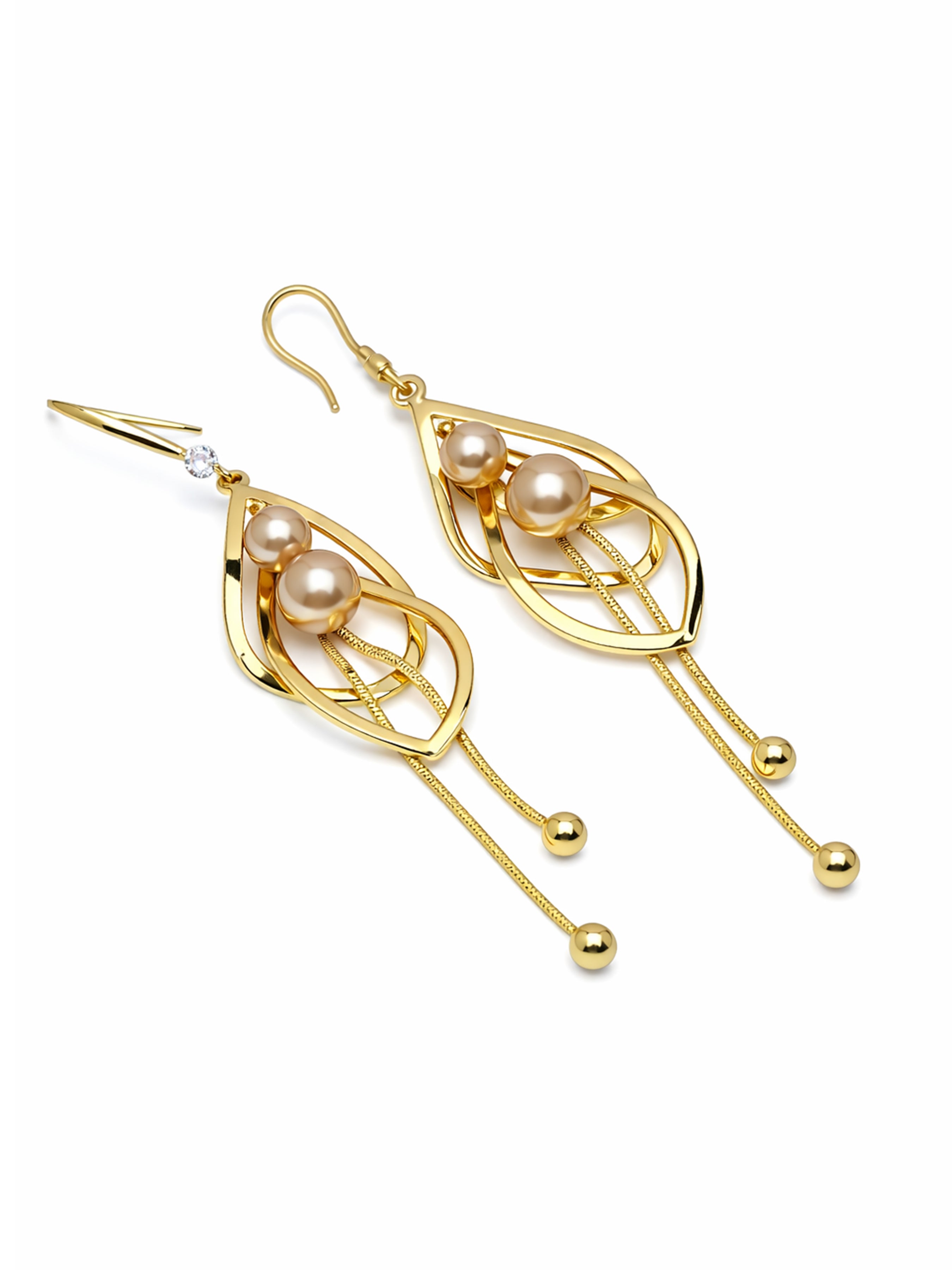 Gold Pearl Cage Tassel Drop Earrings, Image 2 of 3