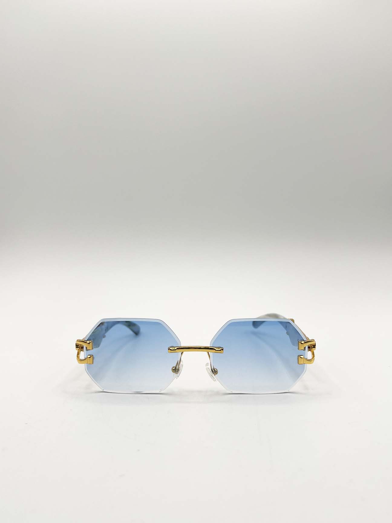 Blue Rimless Oval Geometric Sunglasses, Image 2 of 6