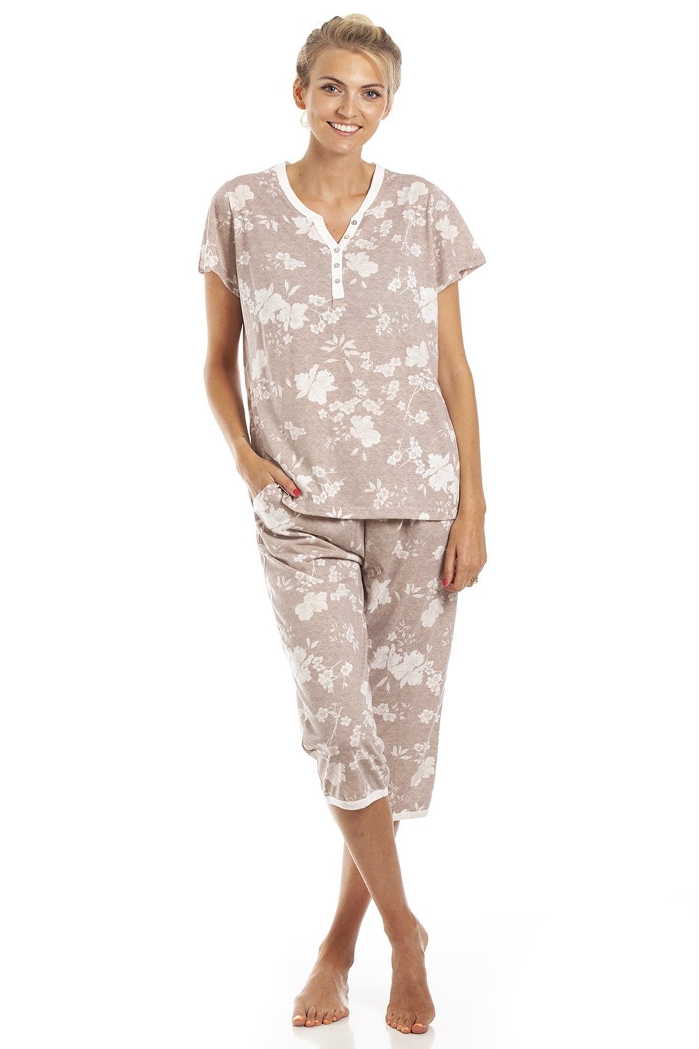 Beige Camille Lingerie Beige Lightweight Floral Capri Pyjama Set, Image 1 of 5