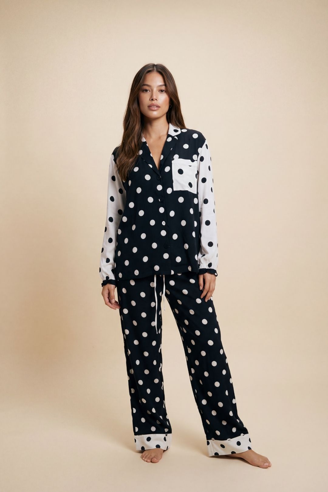 Black The Night Store Black Polka Dot Viscose Pyjama Trouser Set, Image 1 of 4