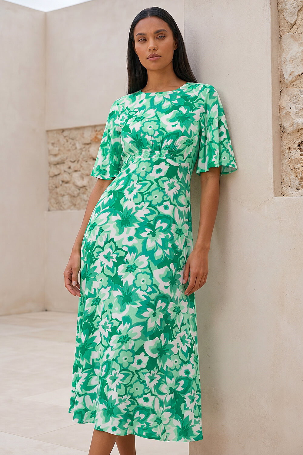 Teal Floral Print Angel Sleeve Midi Dress, Image 3 of 4