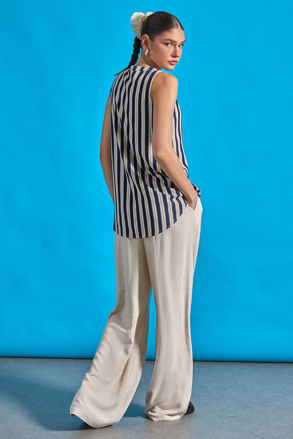 Navy Stripe Print Button Detail Vest Top, Image 7 of 7