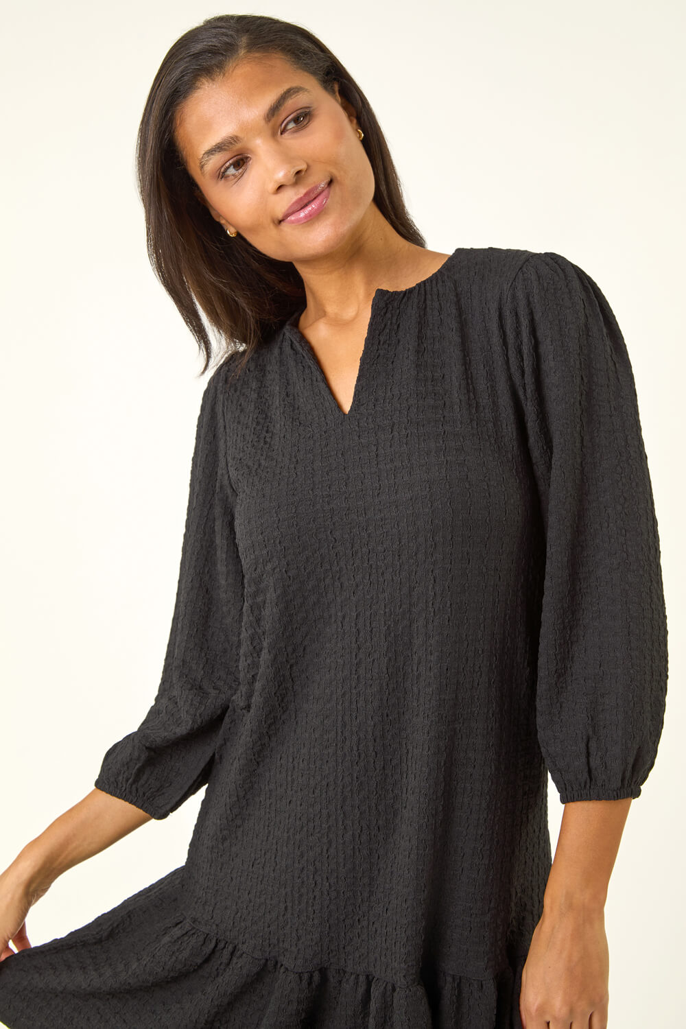 Black Textured V-Neck Frill Hem Smock Dress, Image 5 of 5