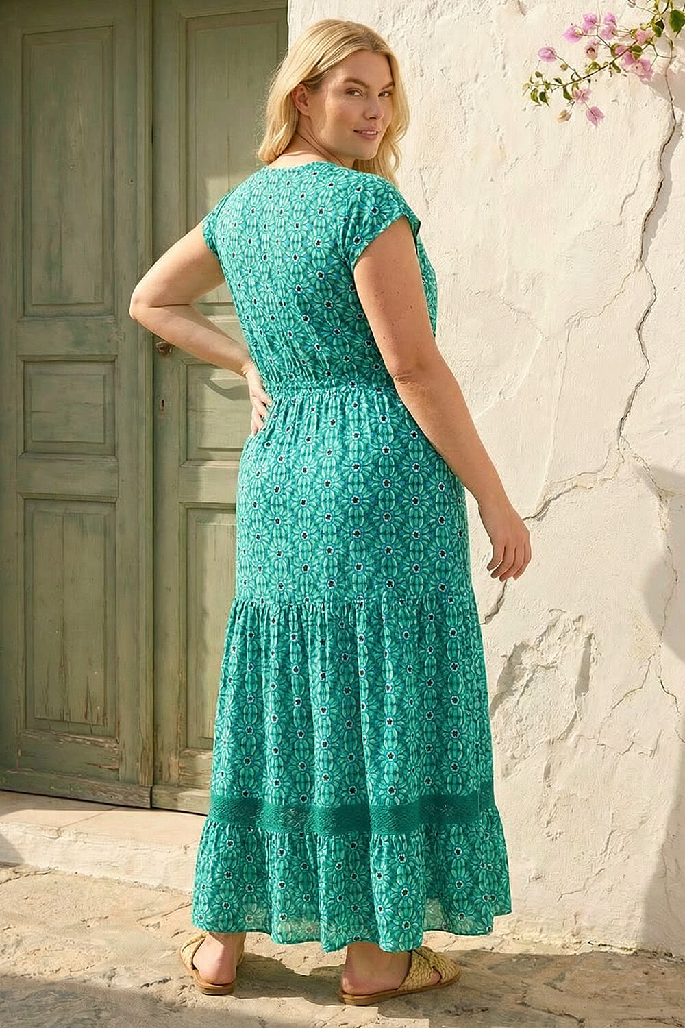 Turquoise Curve Floral Print Swing Midi Dress, Image 4 of 4