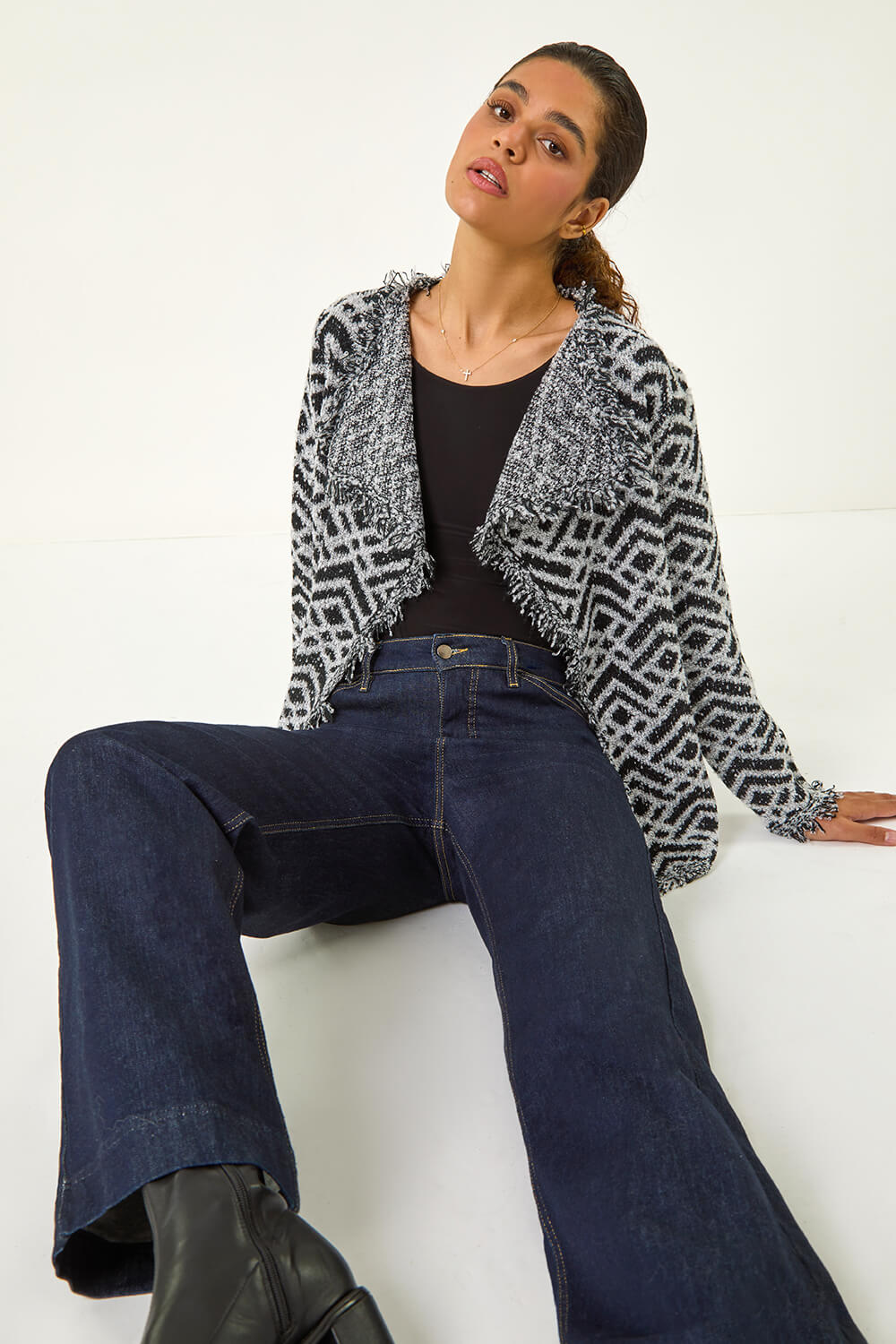 Black Geometric Fringe Collared Cardigan, Image 3 of 5