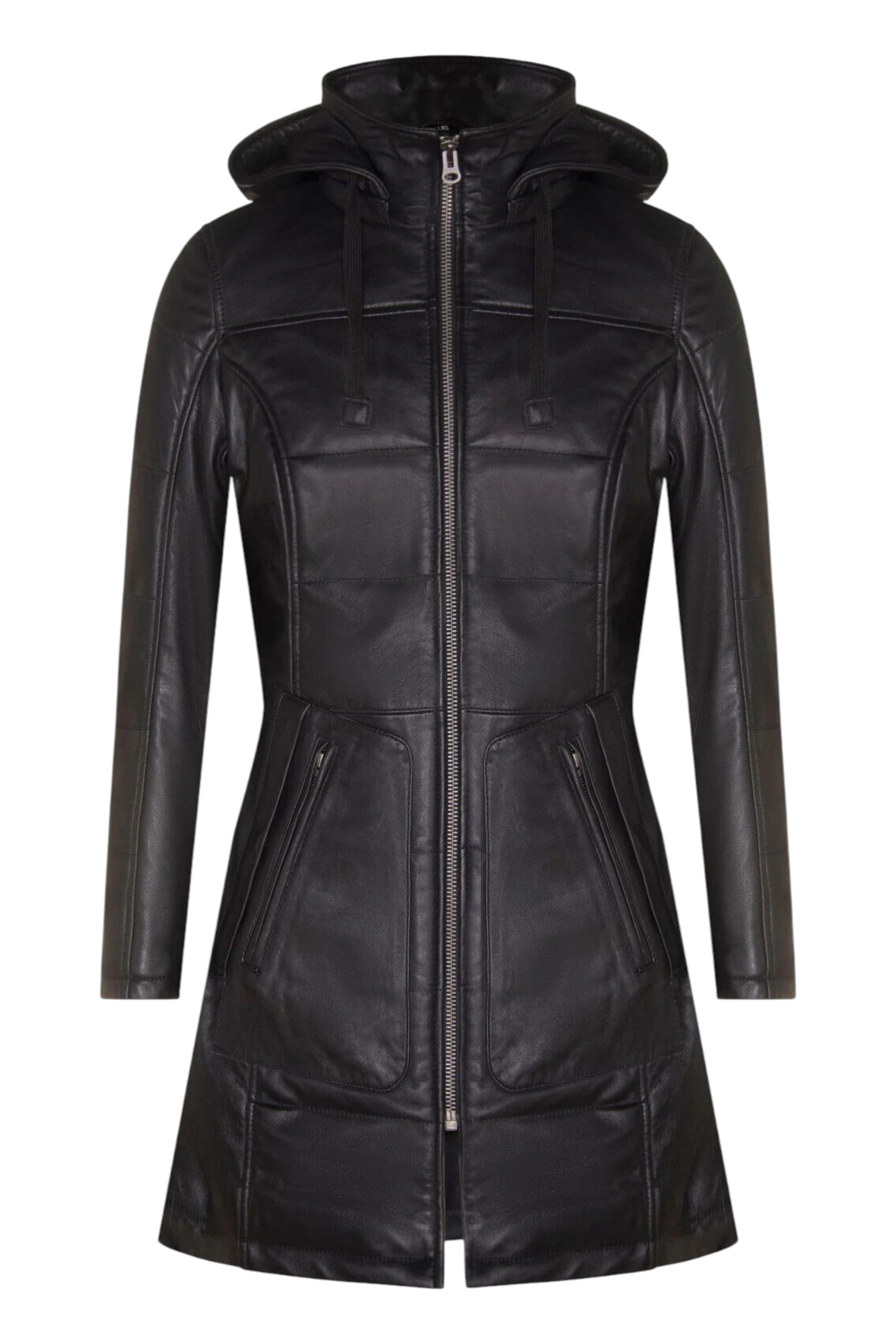 Black Womens Leather Quilted Parka Coat -Allen, Image 3 of 6