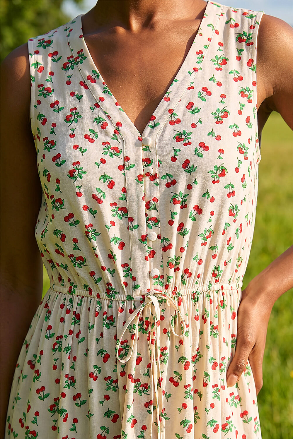 Ivory Petite Cherry Tie Waist Dress, Image 5 of 4