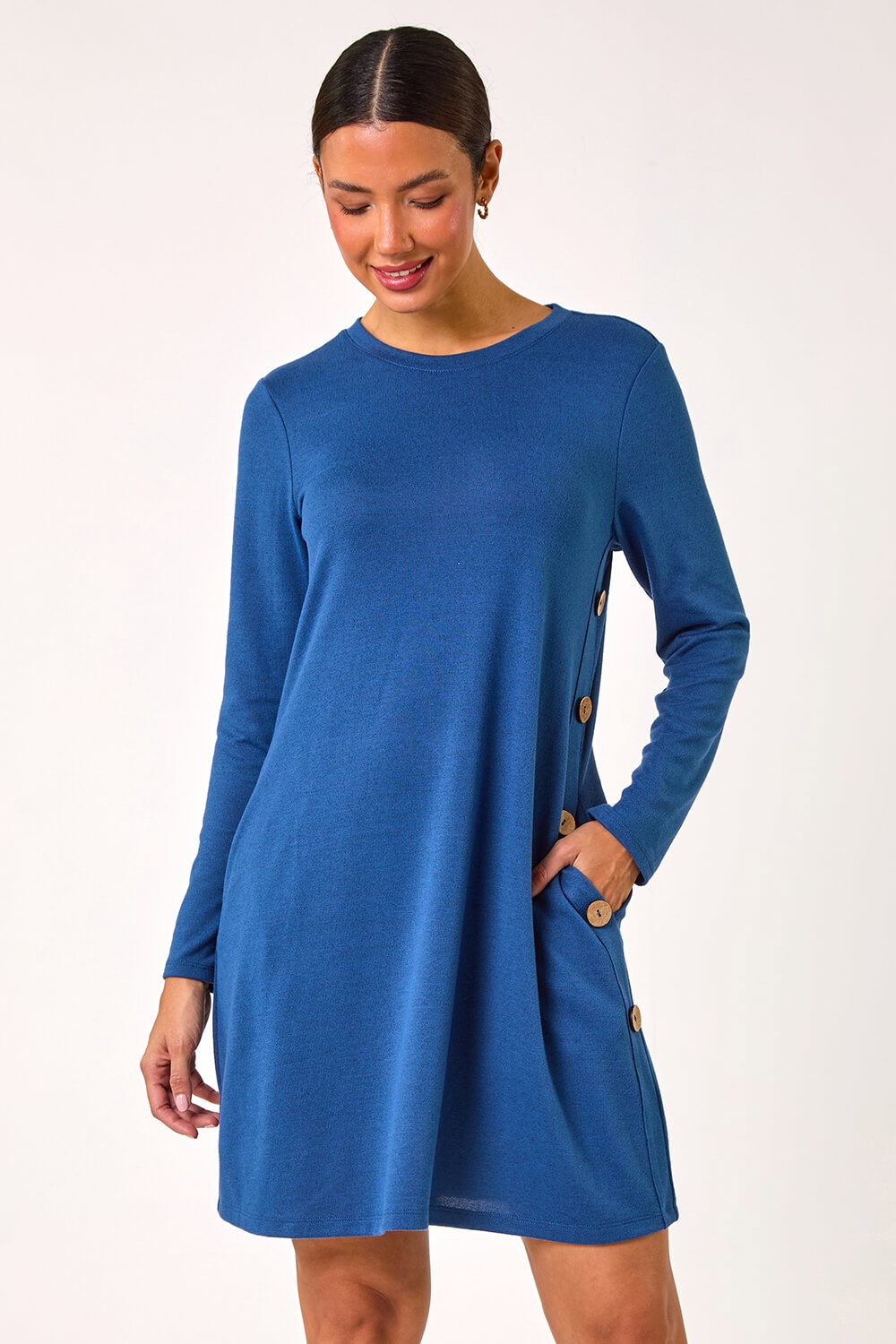 Blue Side Button Detail Stretch Swing Dress, Image 3 of 5