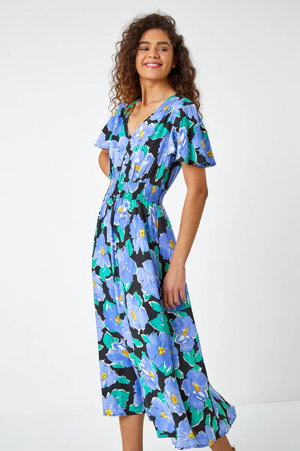 Lilac Floral Print Angel Sleeve Midi Dress, Image 4 of 6
