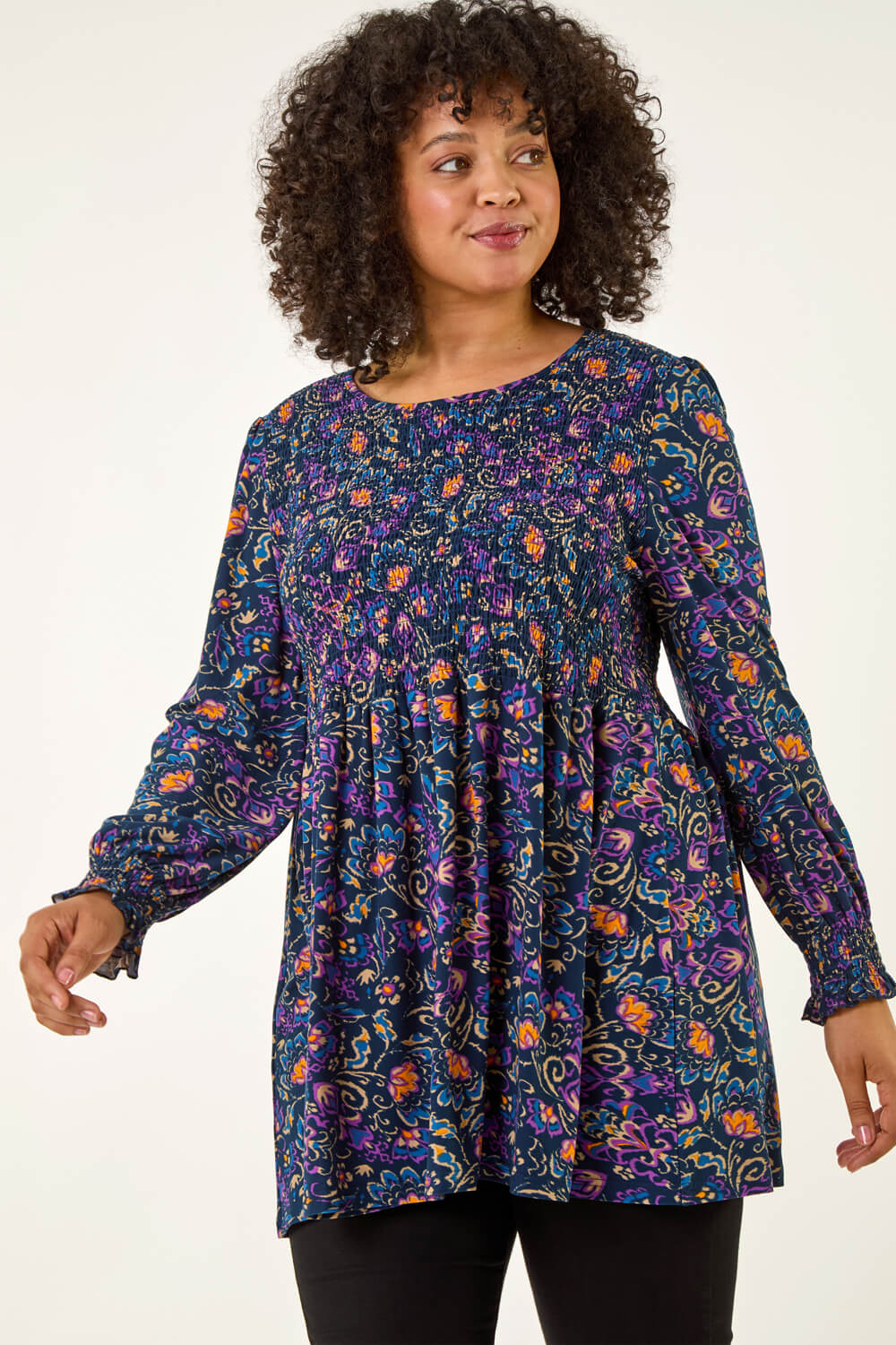 Navy Curve Floral Print Stretch Top, Image 5 of 5