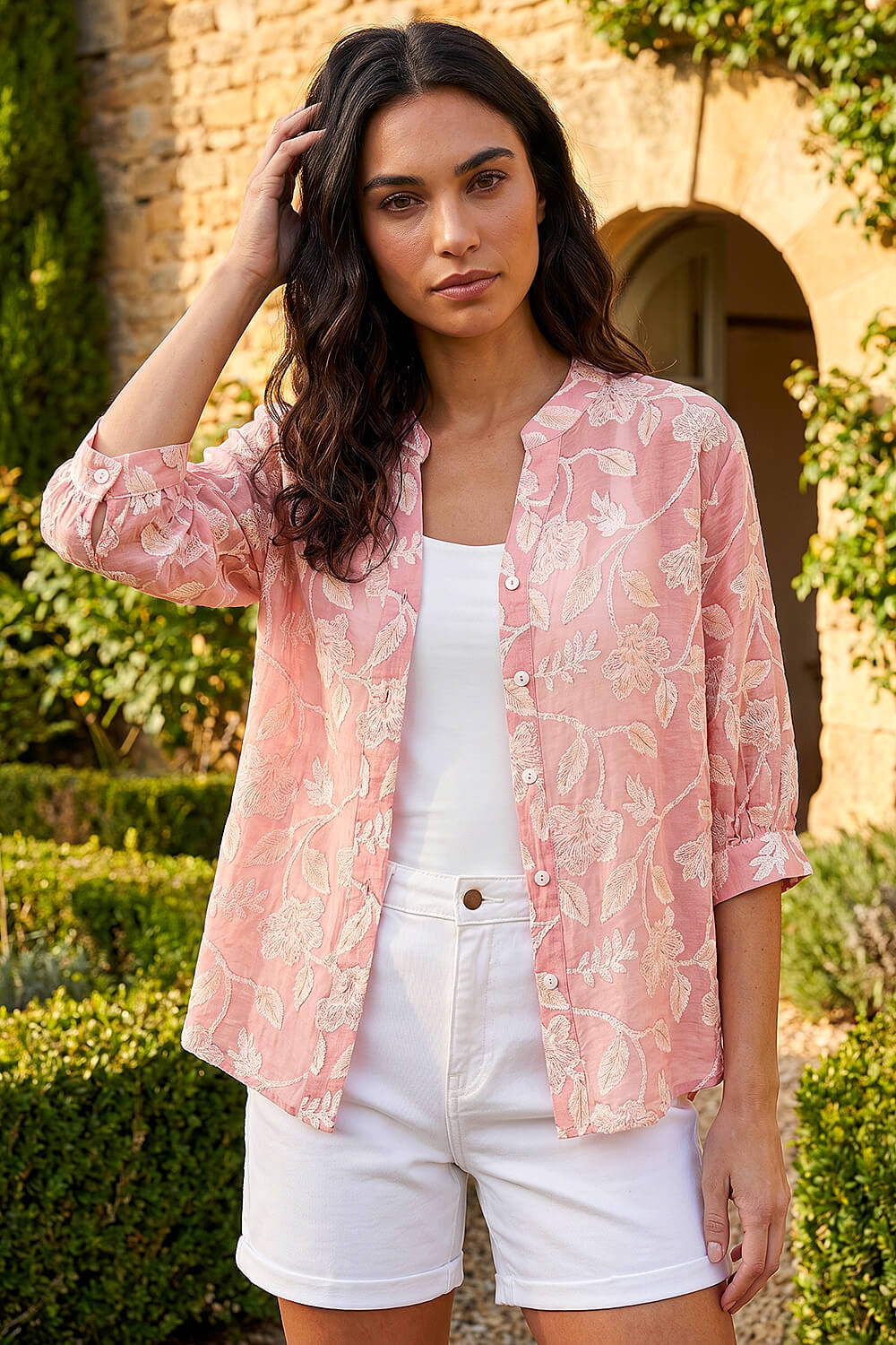 Light Pink Floral Print V-Neck Button Blouse, Image 3 of 4