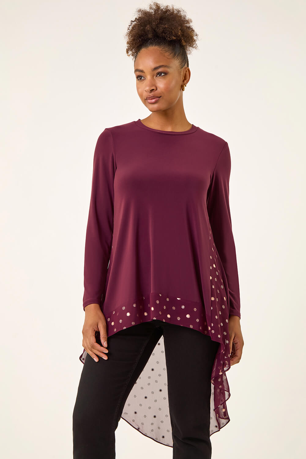 Burgundy Foil Spot Print Chiffon Hem Top, Image 3 of 5