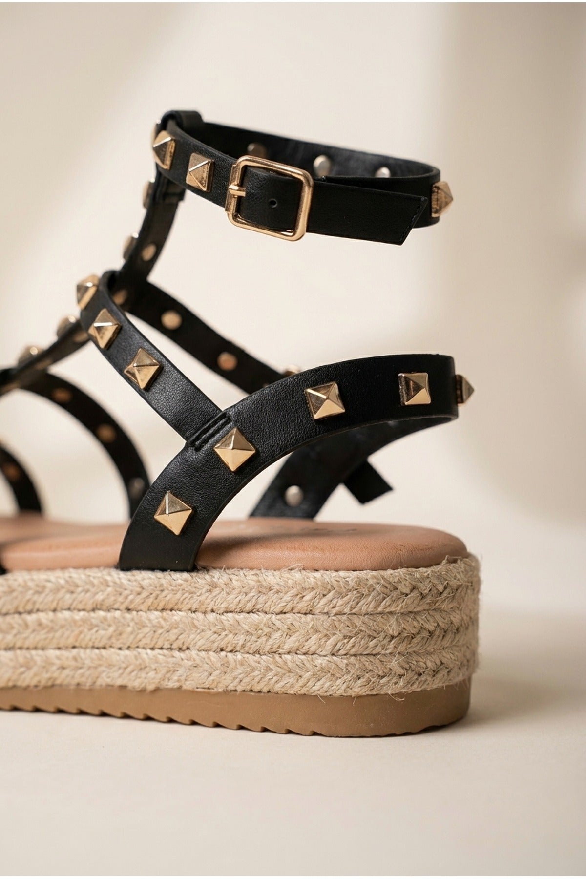 Black iKrush Black Wendy Studded Gladiator Flatform Espadrille Sandals, Image 3 of 6
