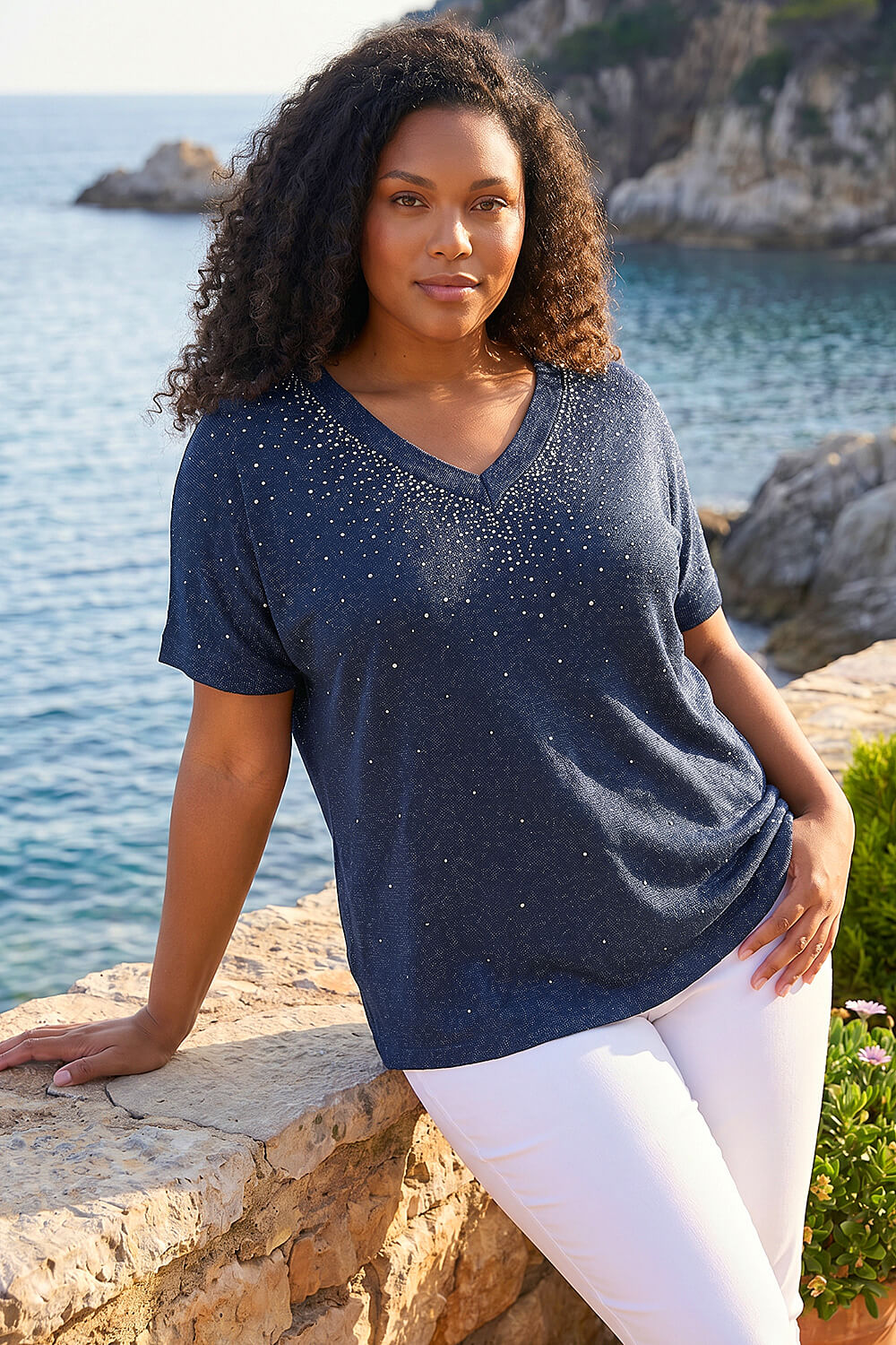 Navy Curve Shimmer Hotfix Knit Top, Image 1 of 4