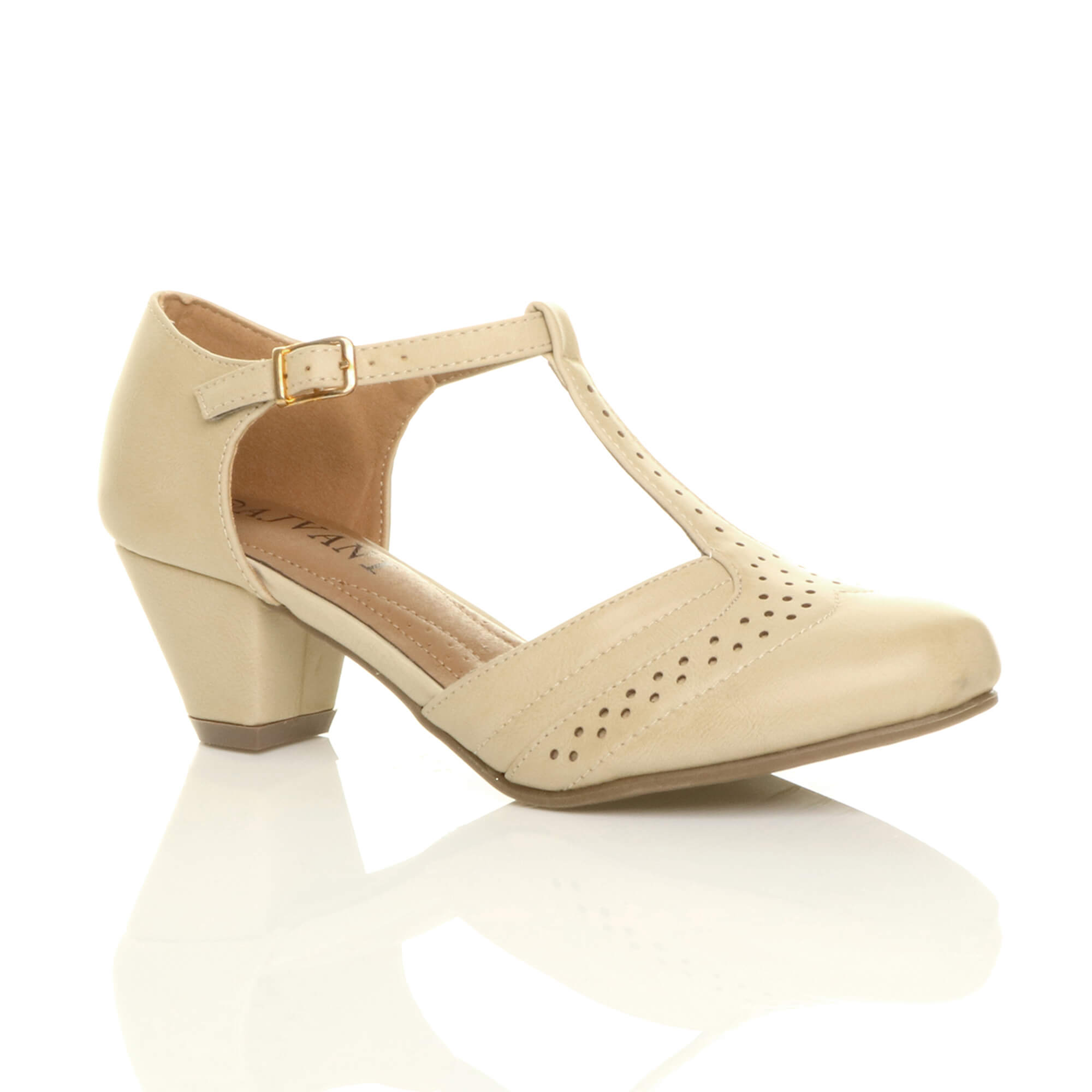 Black Mid Heel Comfort T-Bar Brogue Heels