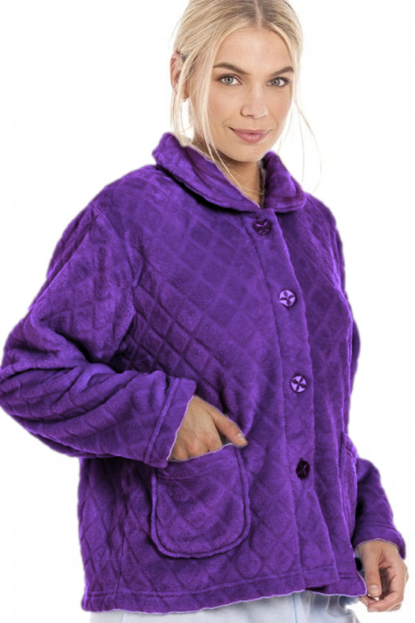 Purple Camille Lingerie Purple Supersoft Diamond Print Button Up Bed Jacket, Image 2 of 4