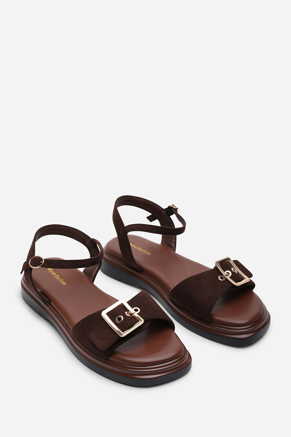 Dark Brown Coastal Front Buckle Flatform Suede Sandal, Image 4 of 6