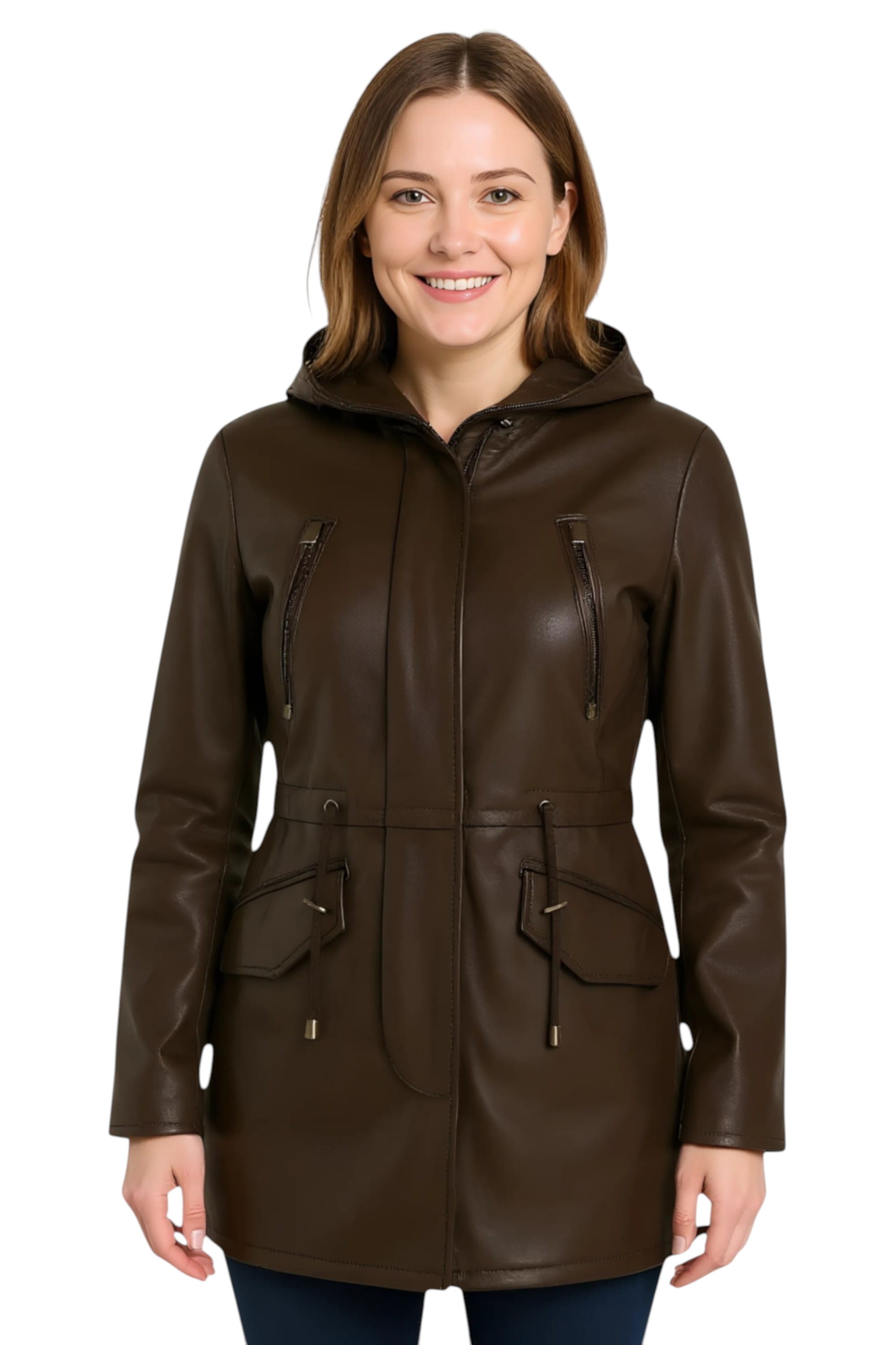Brown Leather Hooded Parka Jacket-Cairns, Image 1 of 6