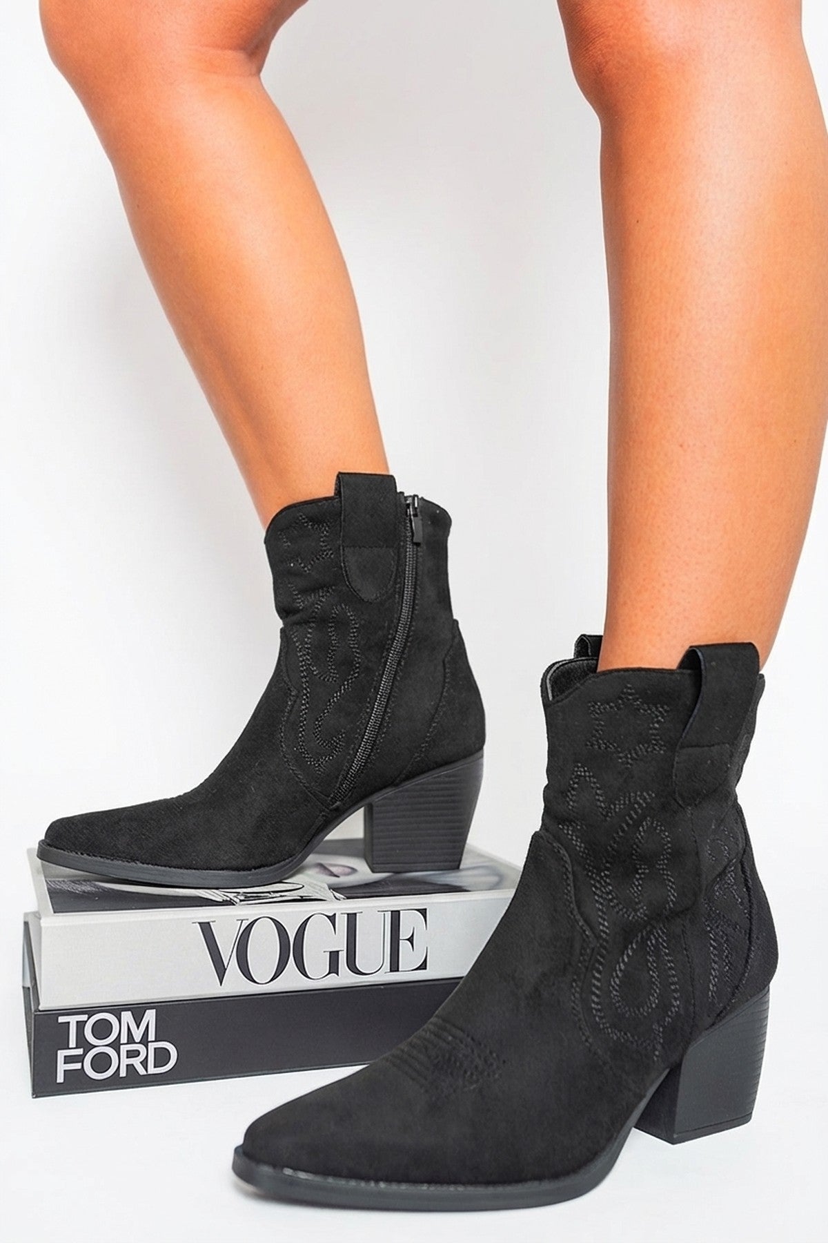 Black iKrush Black Laura Suede Cowboy Ankle Length Boots, Image 8 of 8