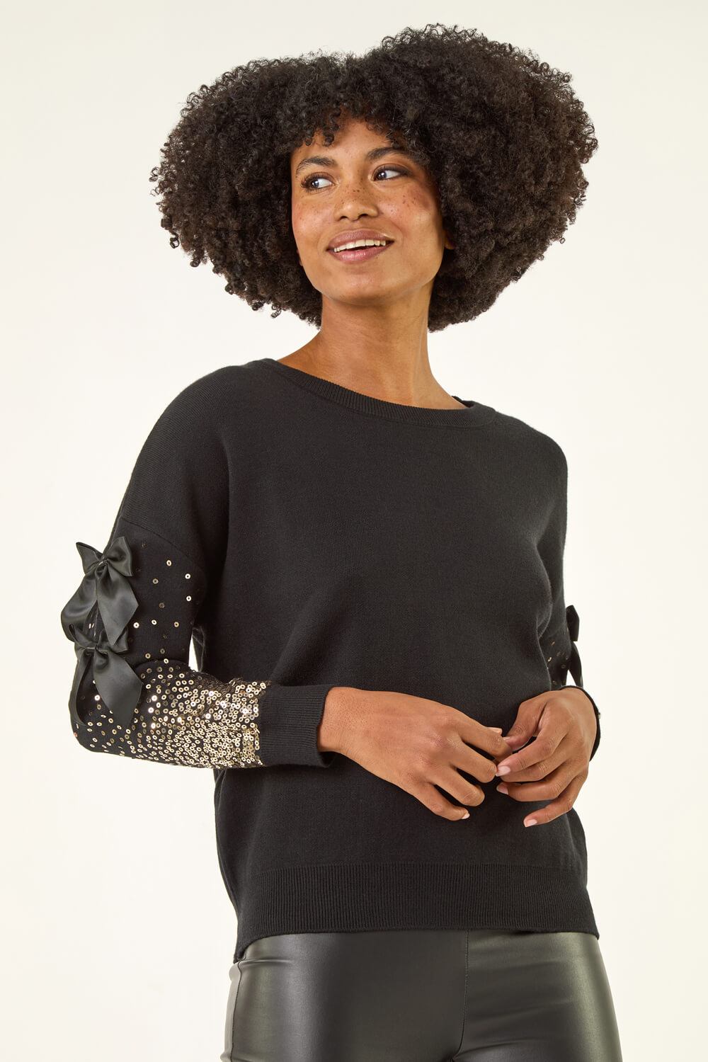 Black Sequin Bow Sleeve Knit Jumper, Image 5 of 5