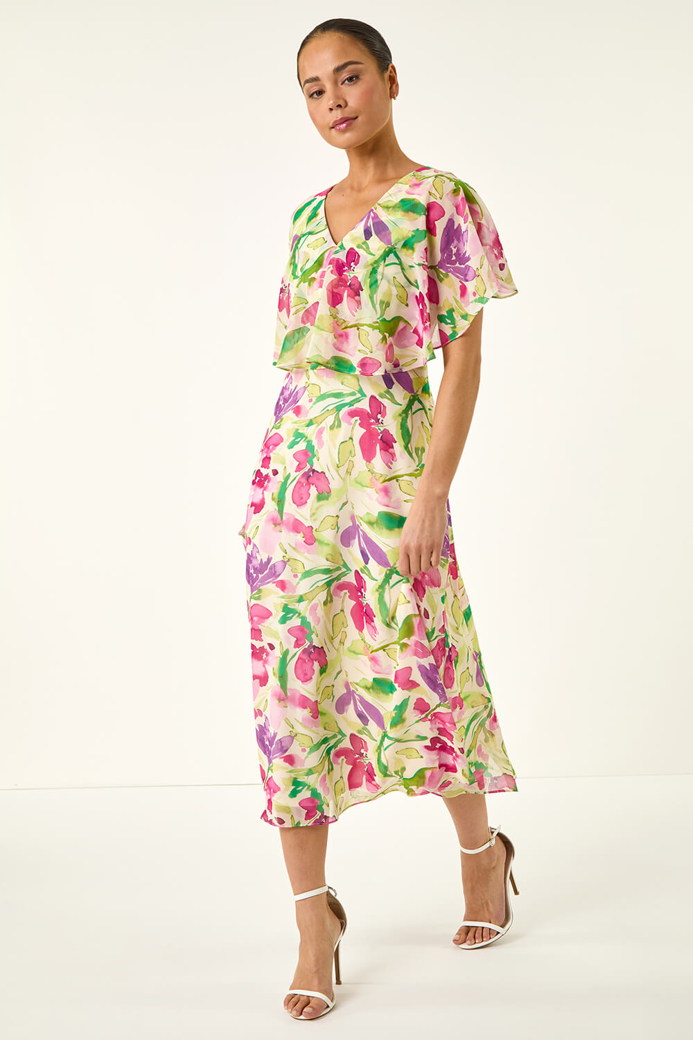 Multi Petite Floral Print Cape Midi Dress, Image 1 of 5