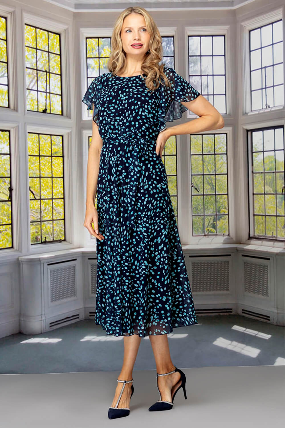 Navy Julianna Polka Dot Chiffon Midi Dress, Image 5 of 4