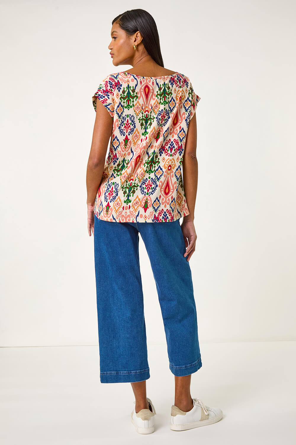 Peach Abstract Print Cuff Sleeve Top, Image 4 of 5