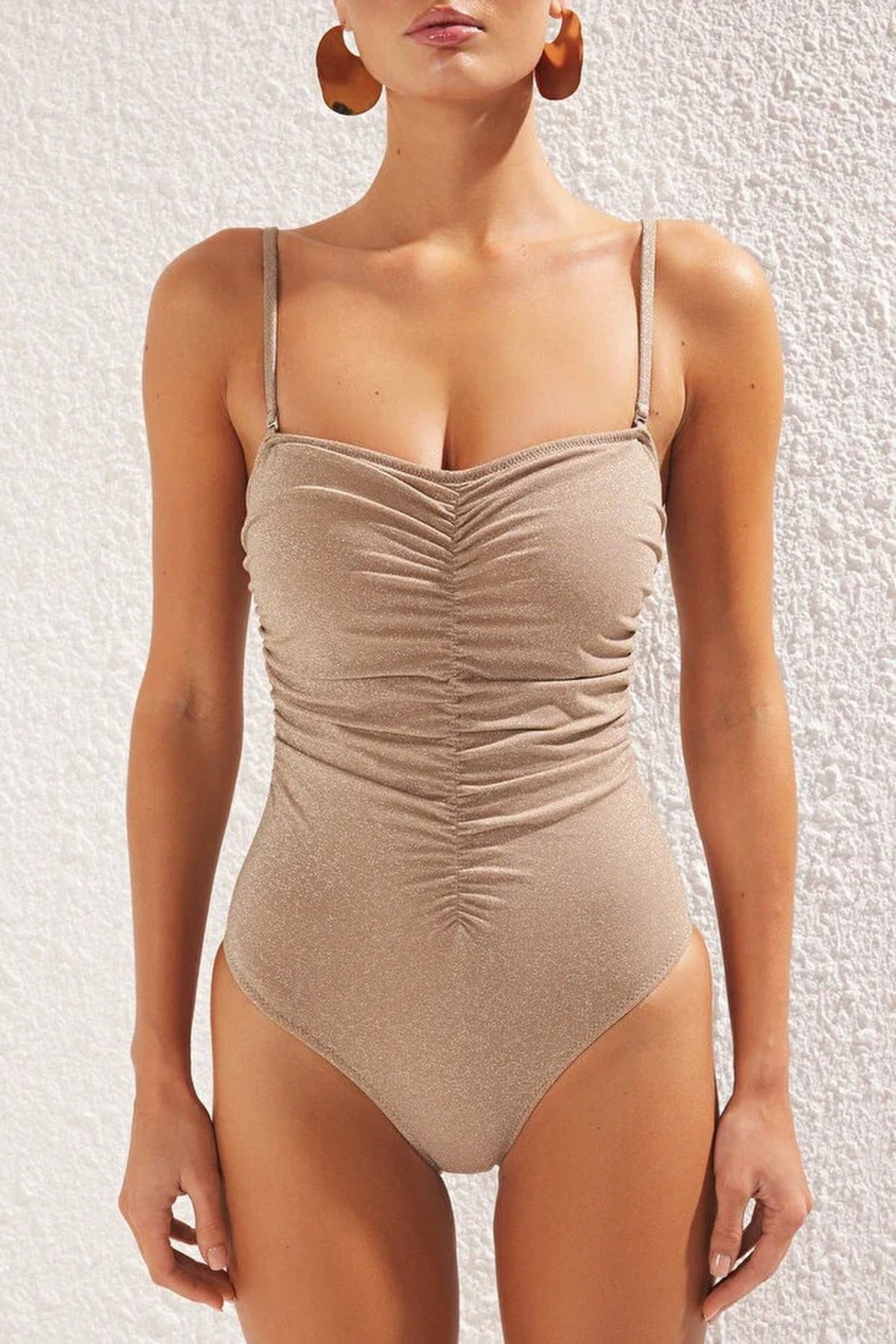 Taupe Ruched Sweetheart Neck Strappy Swimsuit, Image 3 of 6