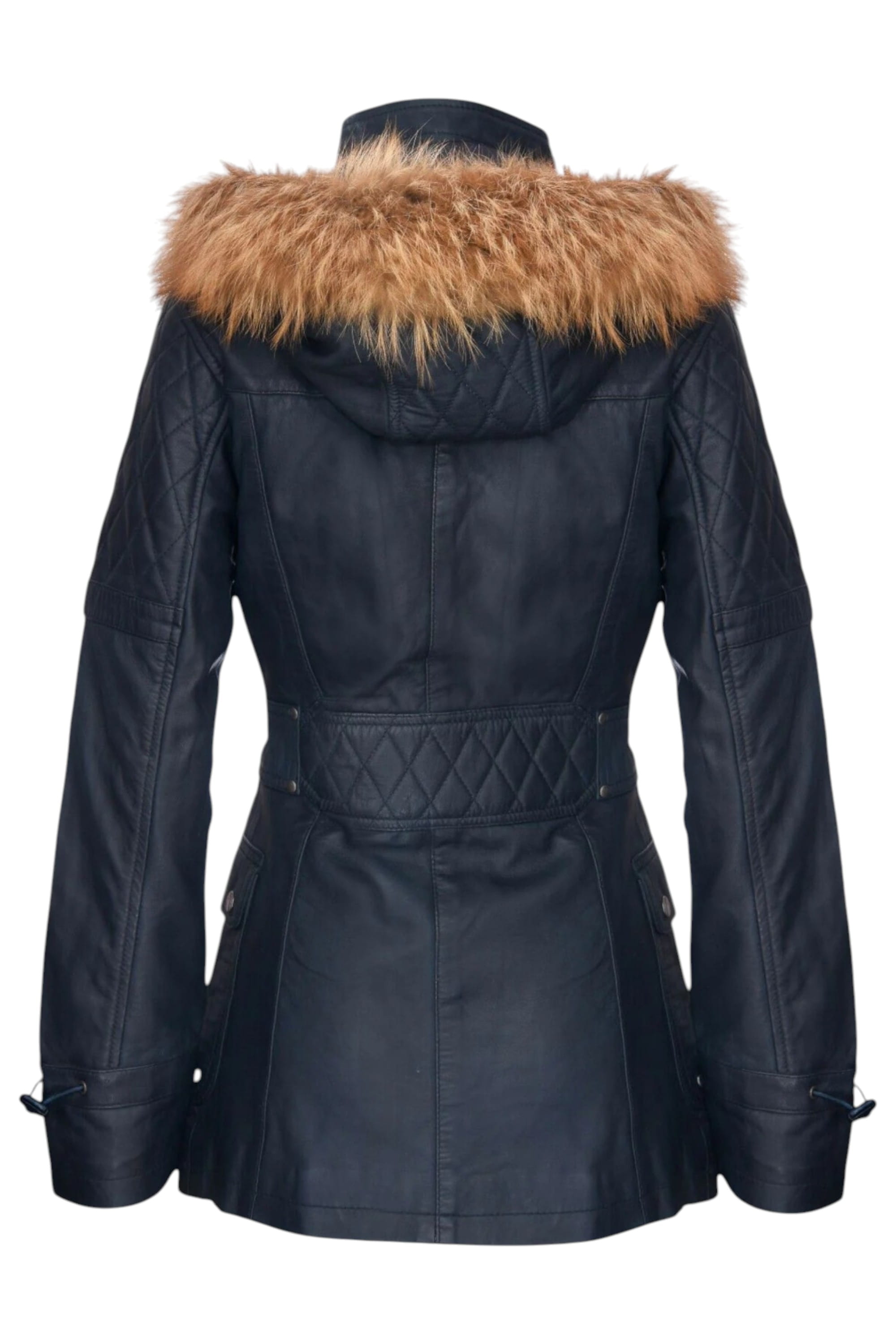 Navy Lamb Leather Parka Fur Hood Jacket, Image 5 of 6