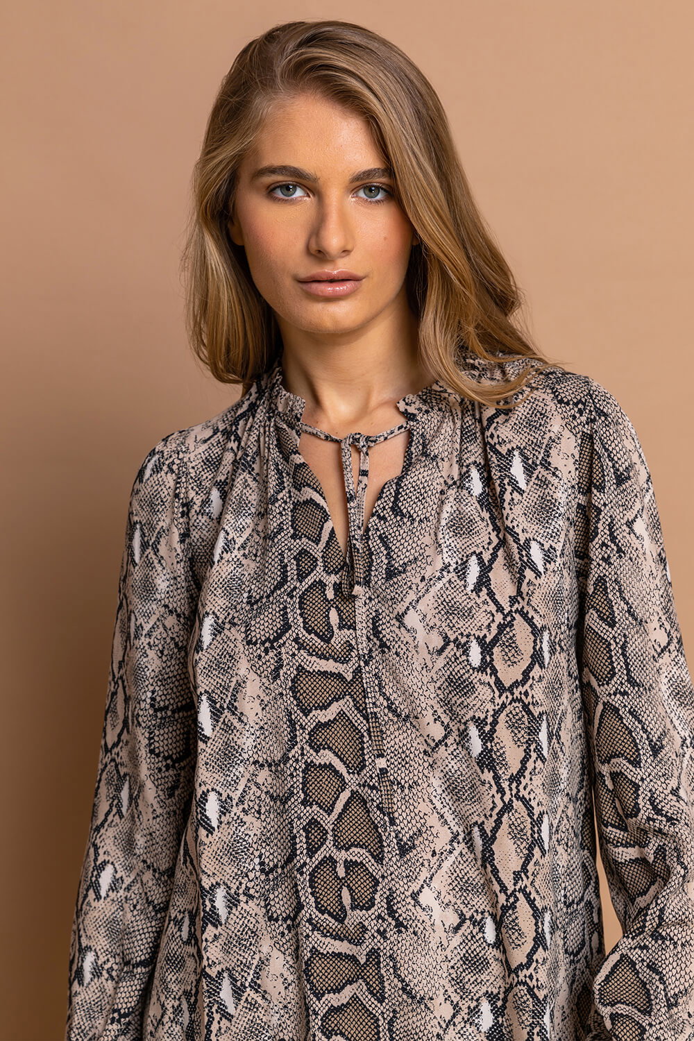 Neutral Snake Print Tie Neck Blouse, Image 5 of 5