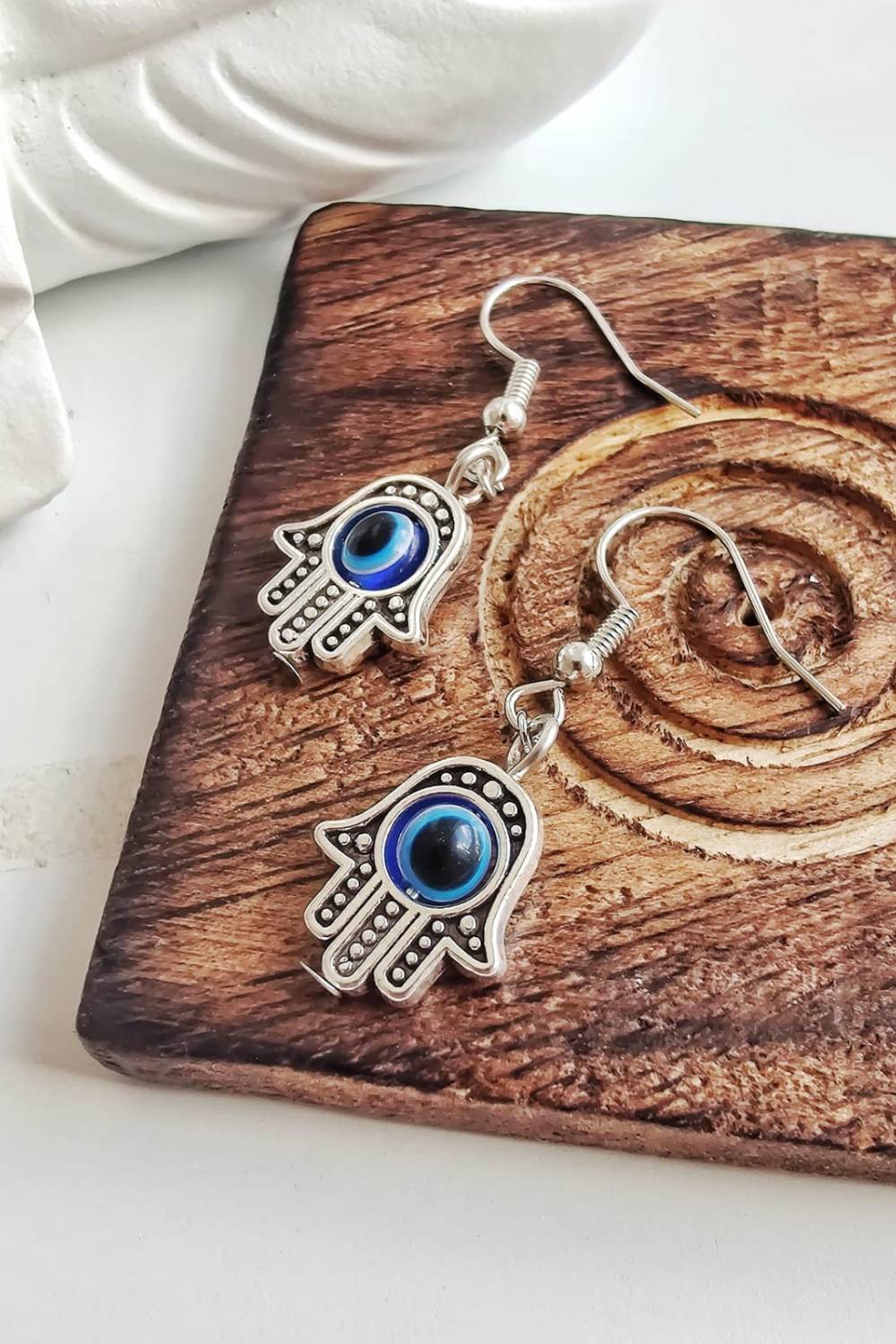 Silver The Colourful Aura Silver Hamsa Evil Eye Drop Earrings - Spinning Bead, Image 2 of 3