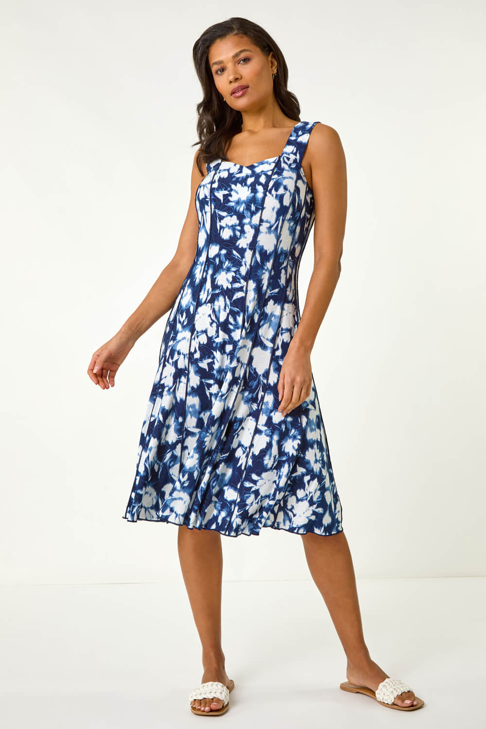 Navy Stretch Abstract Panelled Short Dress, Image 3 of 5