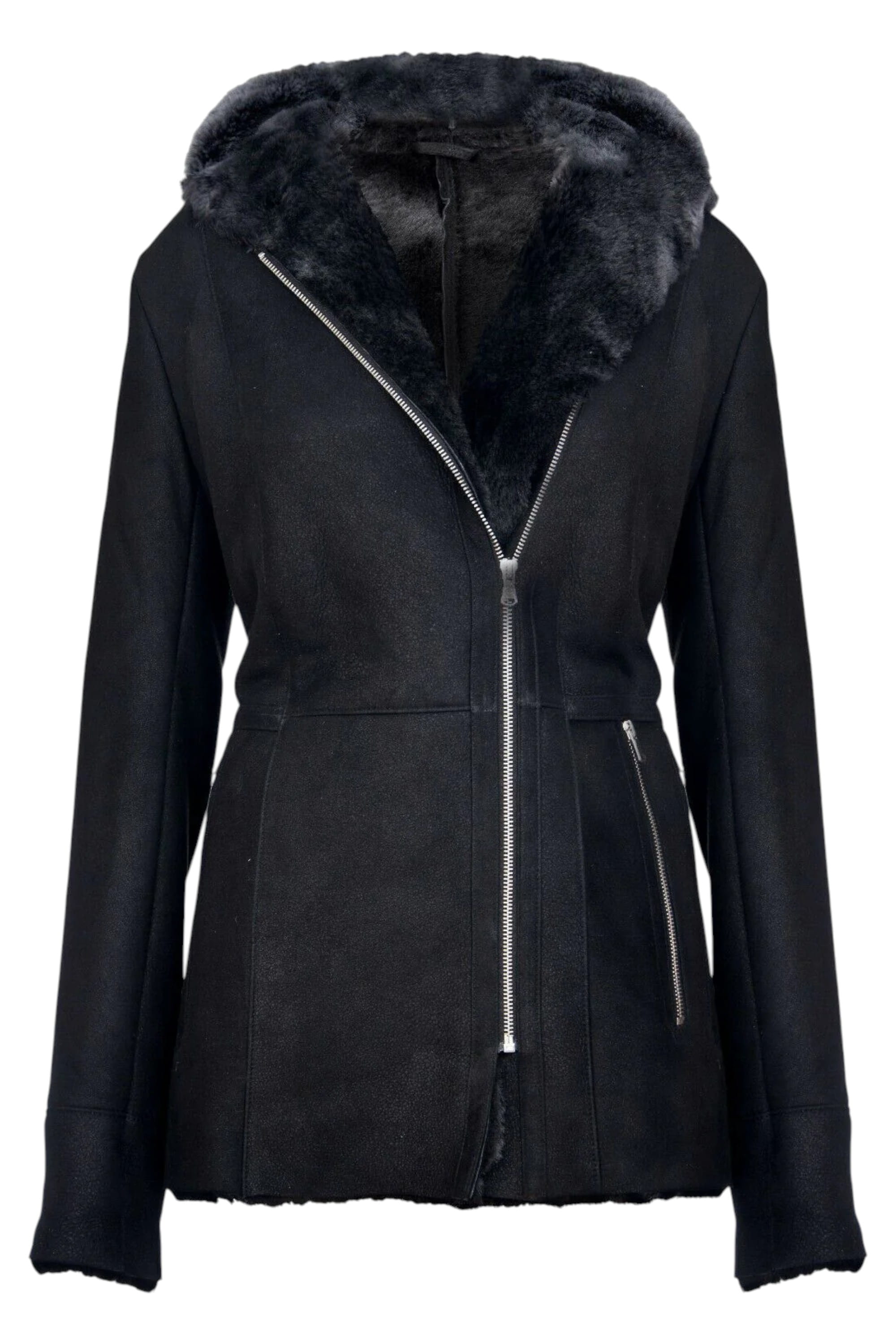 Black Hooded Merino Sheepskin Jacket-Mandalay, Image 2 of 5