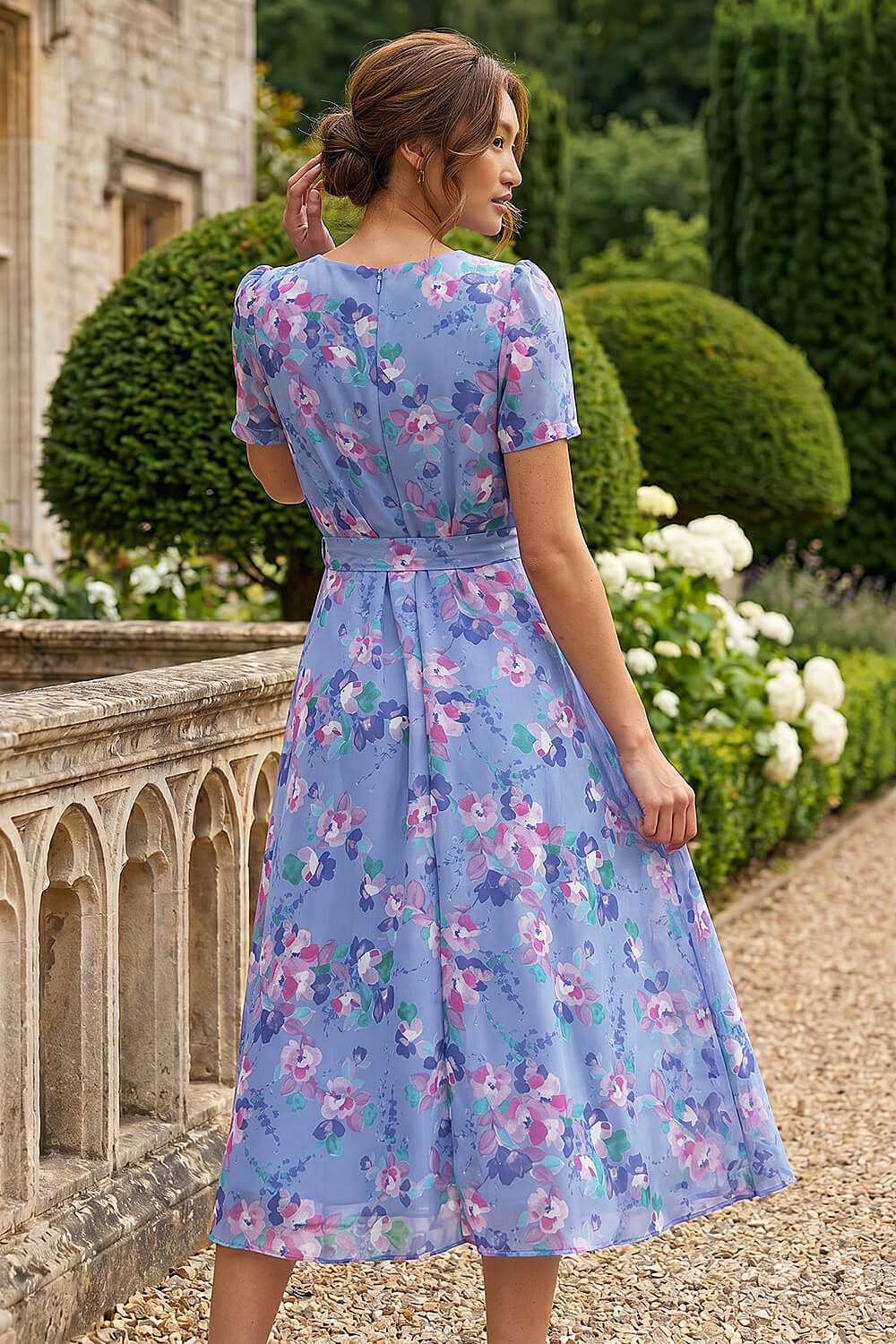 Blue Mini Floral Pleat Neck Dress, Image 4 of 4
