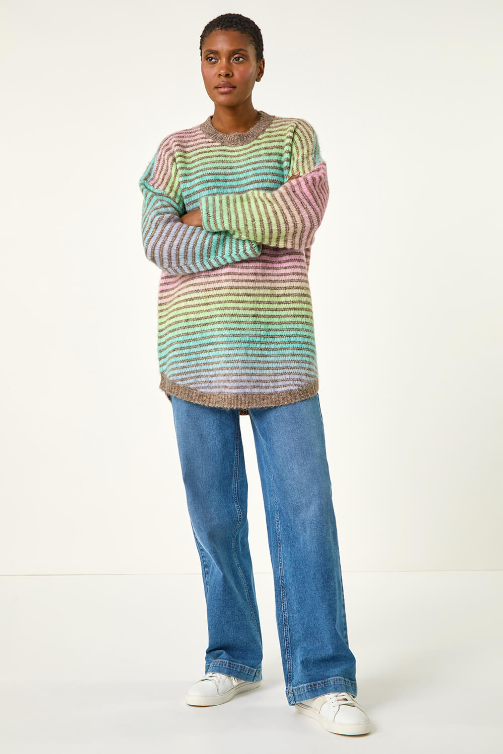 Green Contrast Ombre Stripe Fluffy Jumper, Image 3 of 5