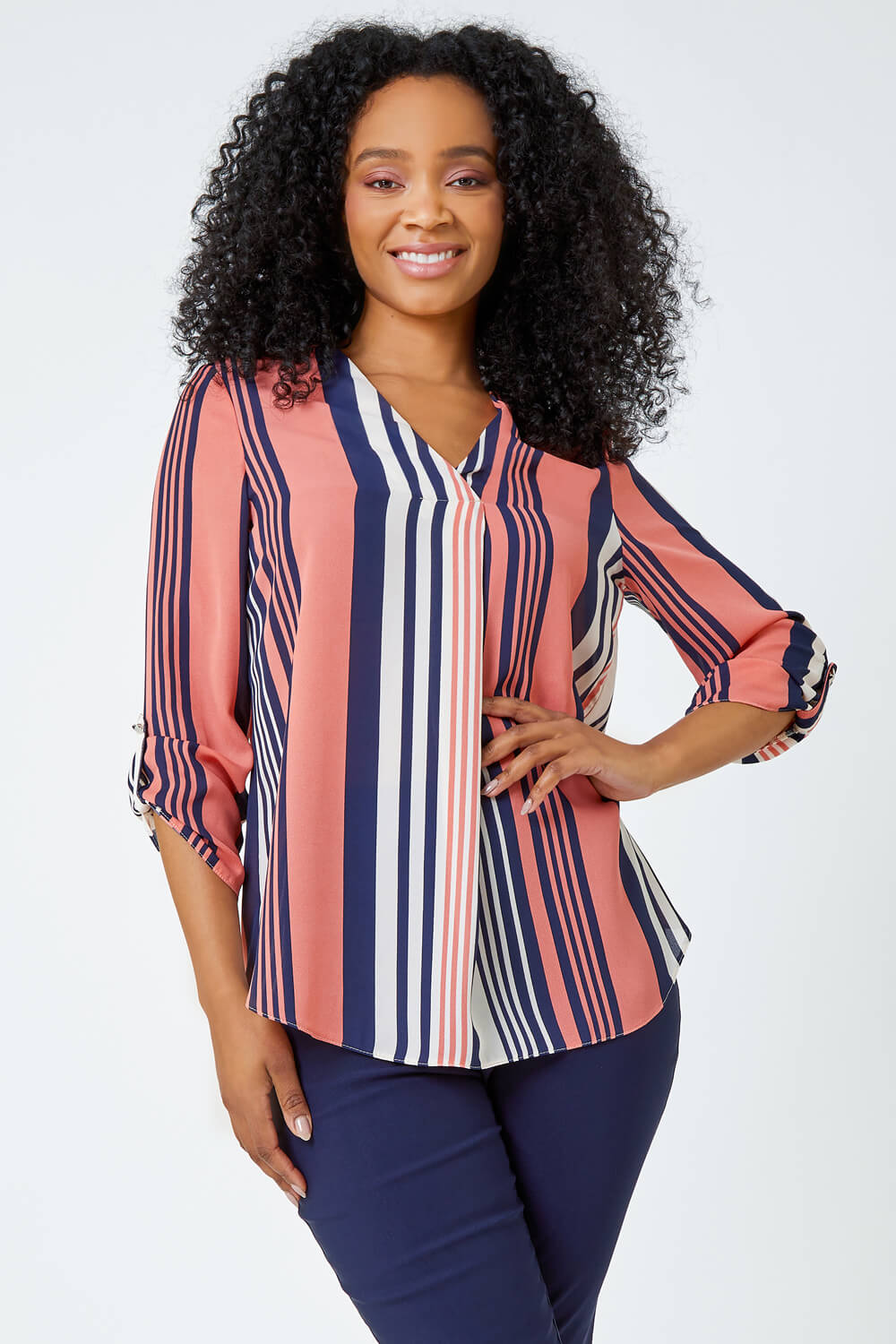 Coral Petite Pleat Front Stripe Top, Image 1 of 5