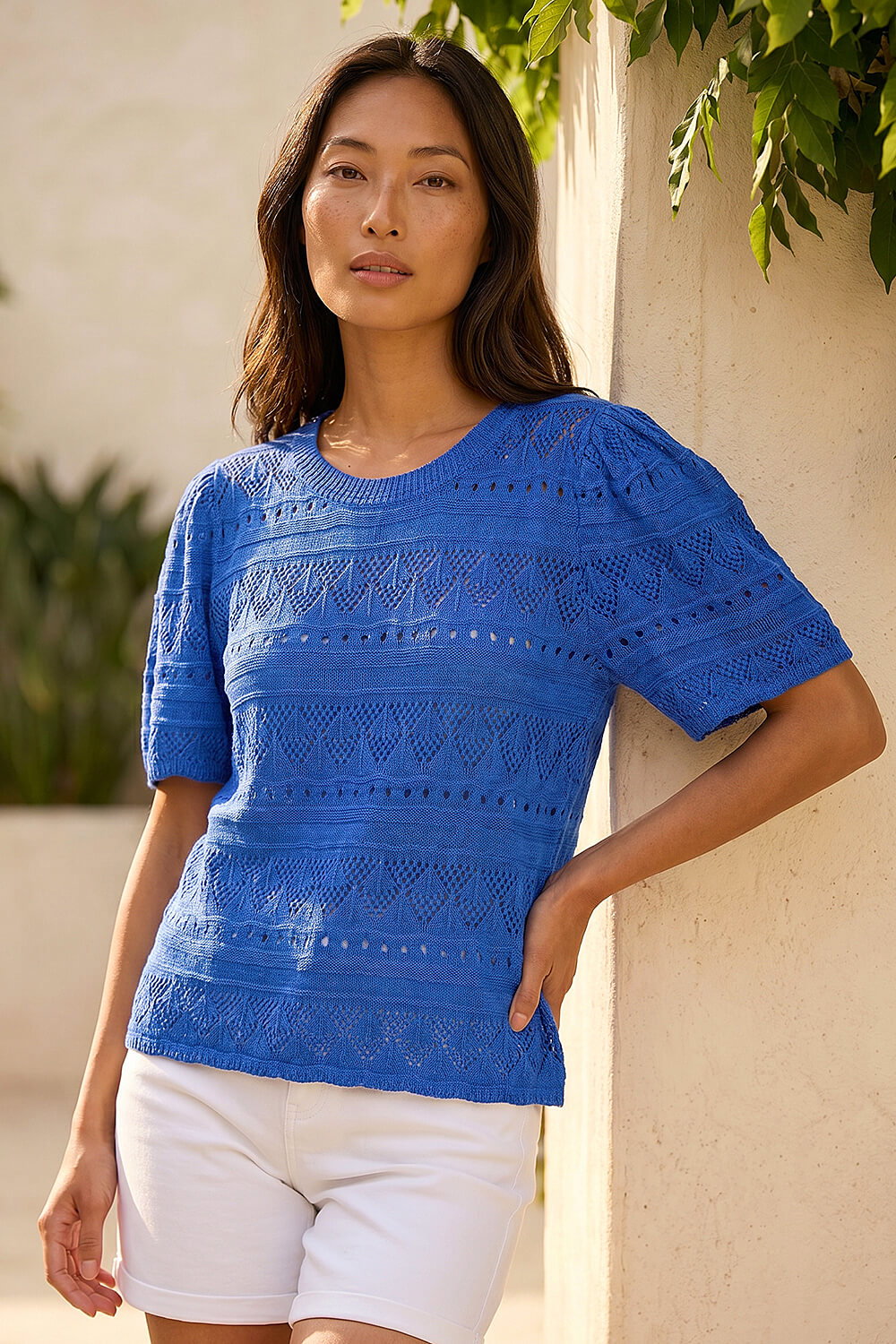 Blue Petite Pointelle Knit Top, Image 1 of 4