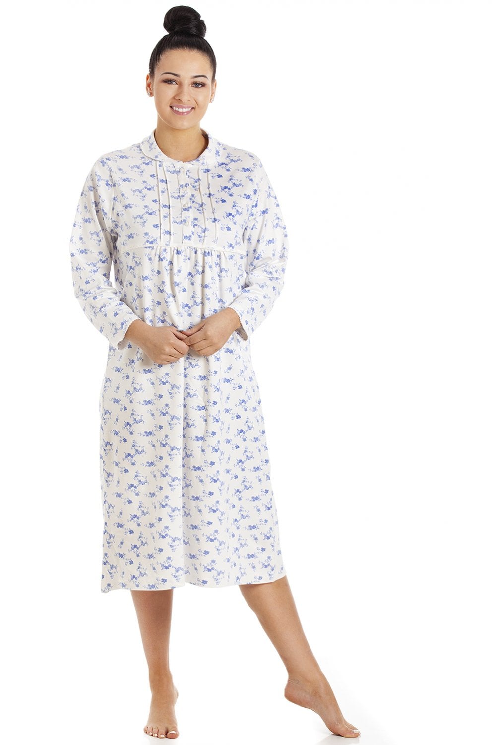 Blue Camille Lingerie Blue Heavyweight Floral Long Sleeve Jersey Nightdress, Image 2 of 5