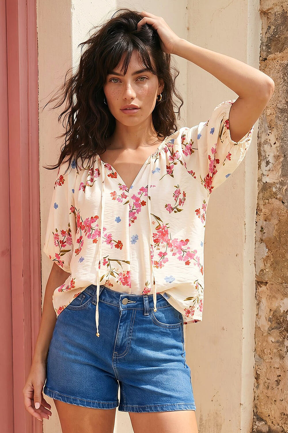 Ivory Floral Print Tie Front Top, Image 1 of 4