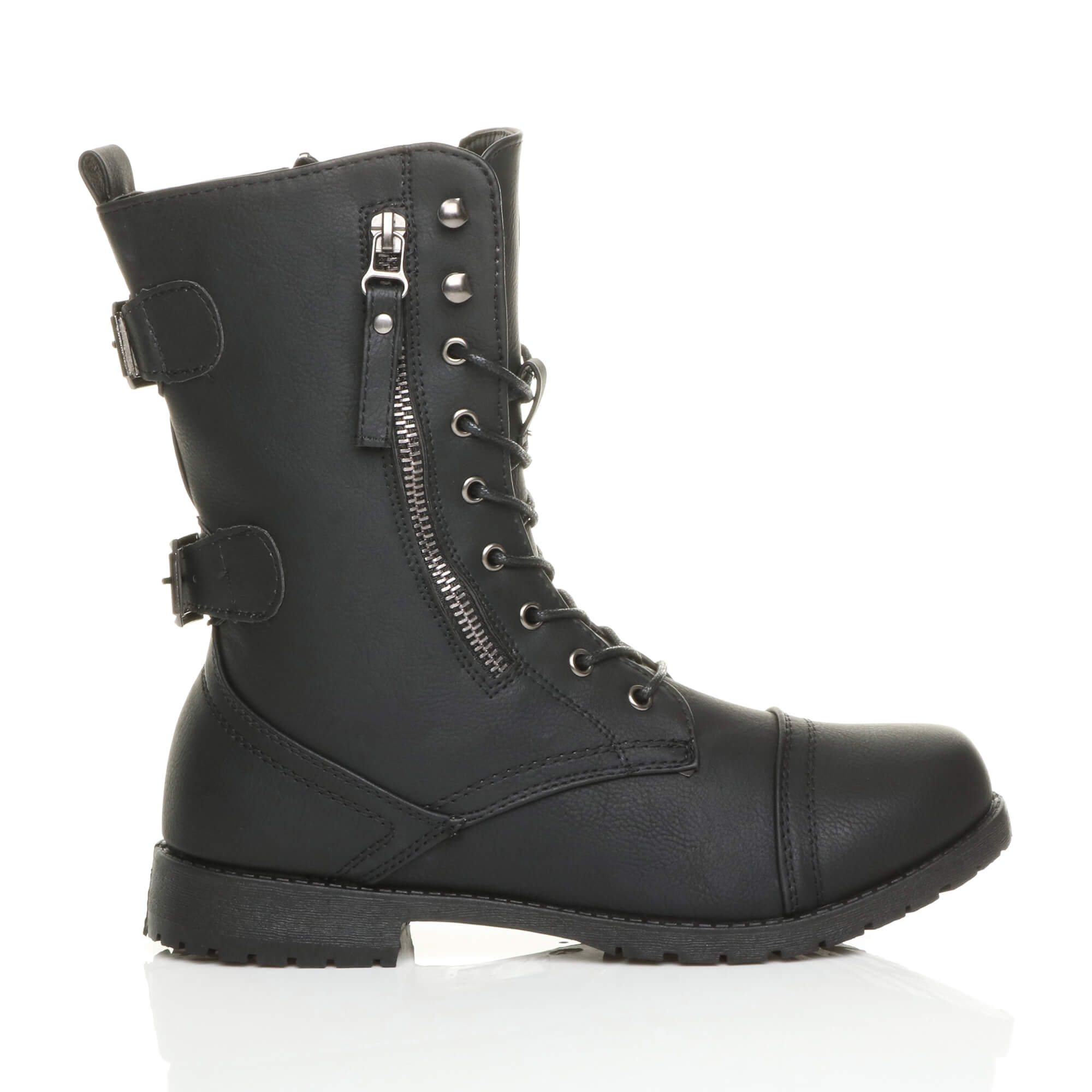 Black Lace Up Zips Military Biker Ankle Boots, Image 2 of 6