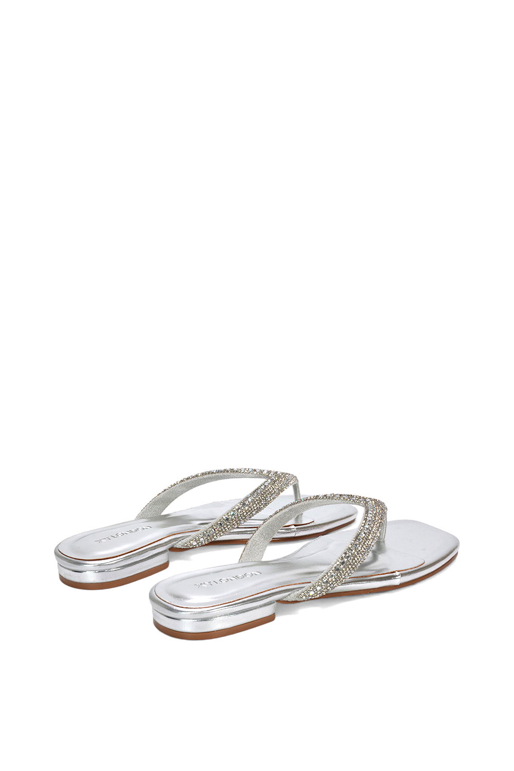 Silver XY LONDON Silver 'Blake' Flat Slip On Diamante Sandals With Thong Strap, Image 4 of 6