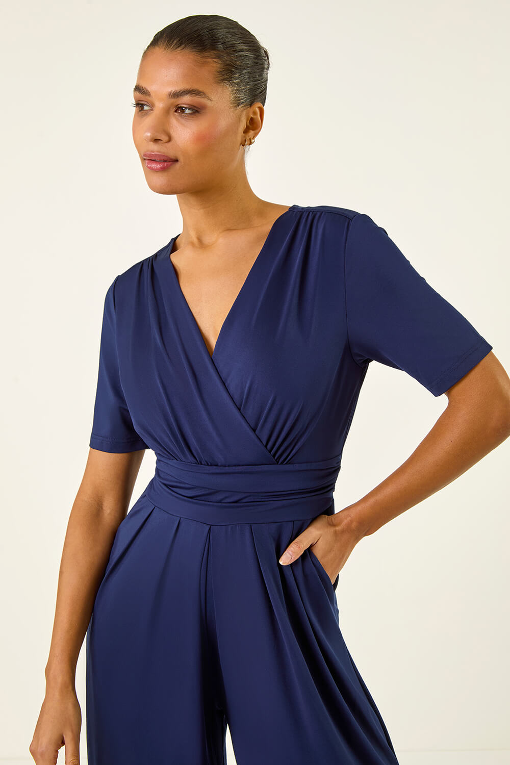Navy Wrap Bodice Belted Jumpsuit, Image 5 of 5