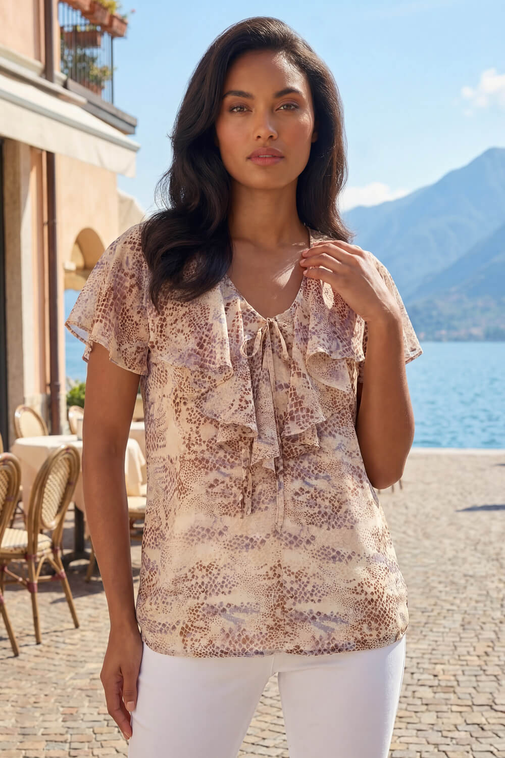 Stone Snake Print Frill Neck Top, Image 1 of 4