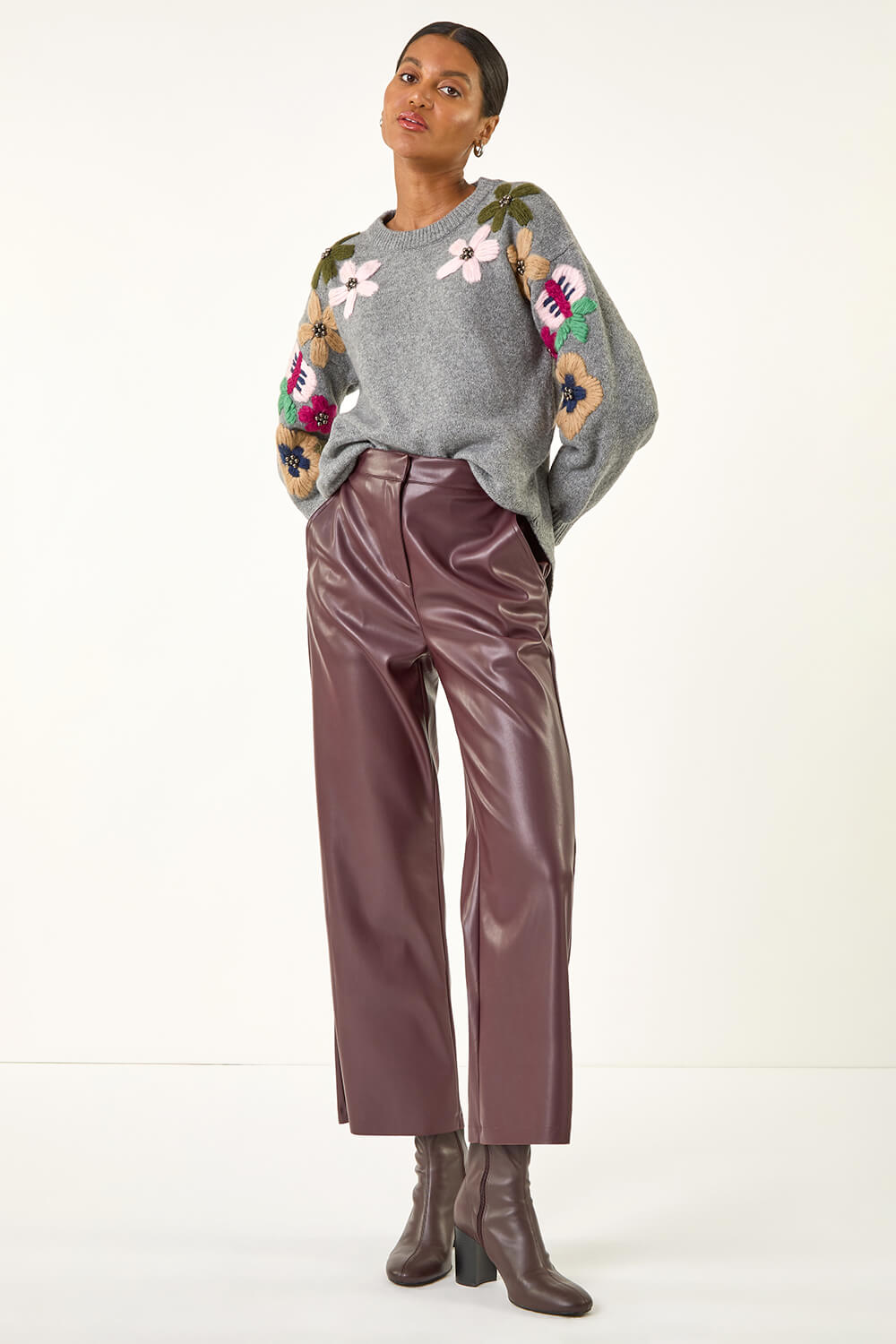 Wine Faux Leather Wide Leg Crop Trousers, Image 3 of 5